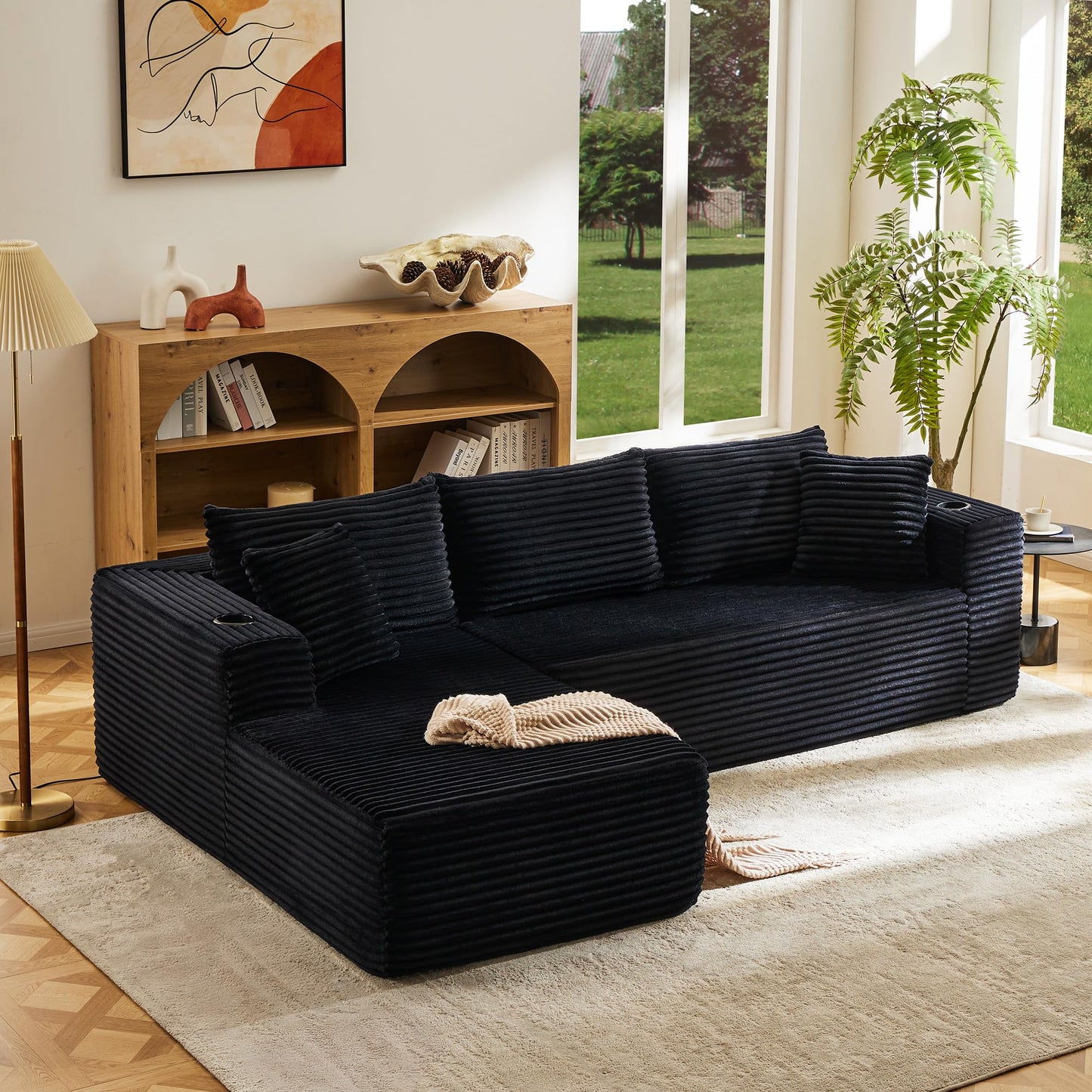 Fahomiss Modular Compressed Sectional Sofa Set – Velvet Corduroy Upholstery, Convertible Couch with Cup Holders and Pillows for Living Room, Black
