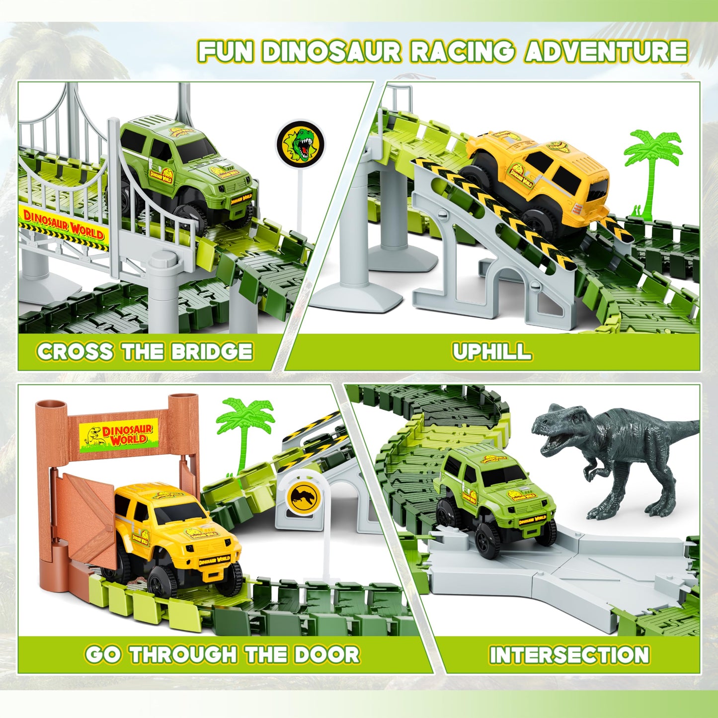 Dinosaur Tracks, 271 PCS Create A Dinosaur World Road Race for Kids Boys Toys Flexible Train Tracks Set with 2 Cool Race Cars and 2 Dinosaur Toys for Age 3 4 5 6 7 8 Year & Up Old Boy Girls Best Gift