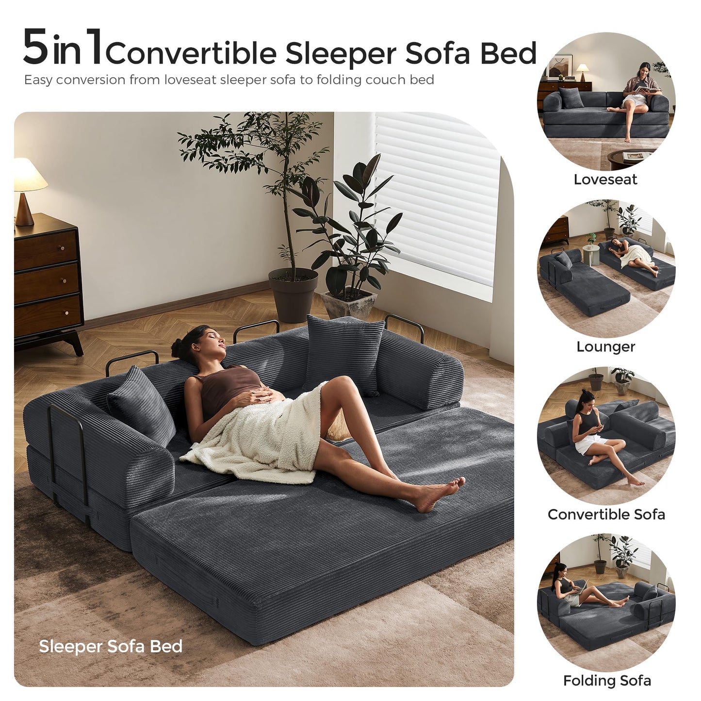 SAVENICA 79" Floor Sofa Bed, 5-in-1 Convertible Sleeper Sofa with Removable Armrests, Corduroy Fabric Sofa Couch, No Assembly Required for Living Room, Dorm, Studio (Dark Gray)