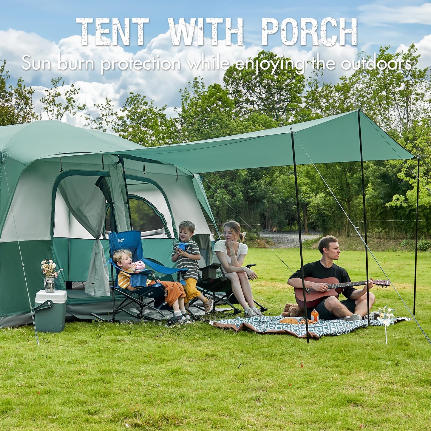 Portal 10 Person Camping Tent with Porch,Water Resistant,Big Family Cabin Tent with 2 Rooms, 6 Large Mesh Windows, Divided Curtain for Outdoor, Traveling, Camping