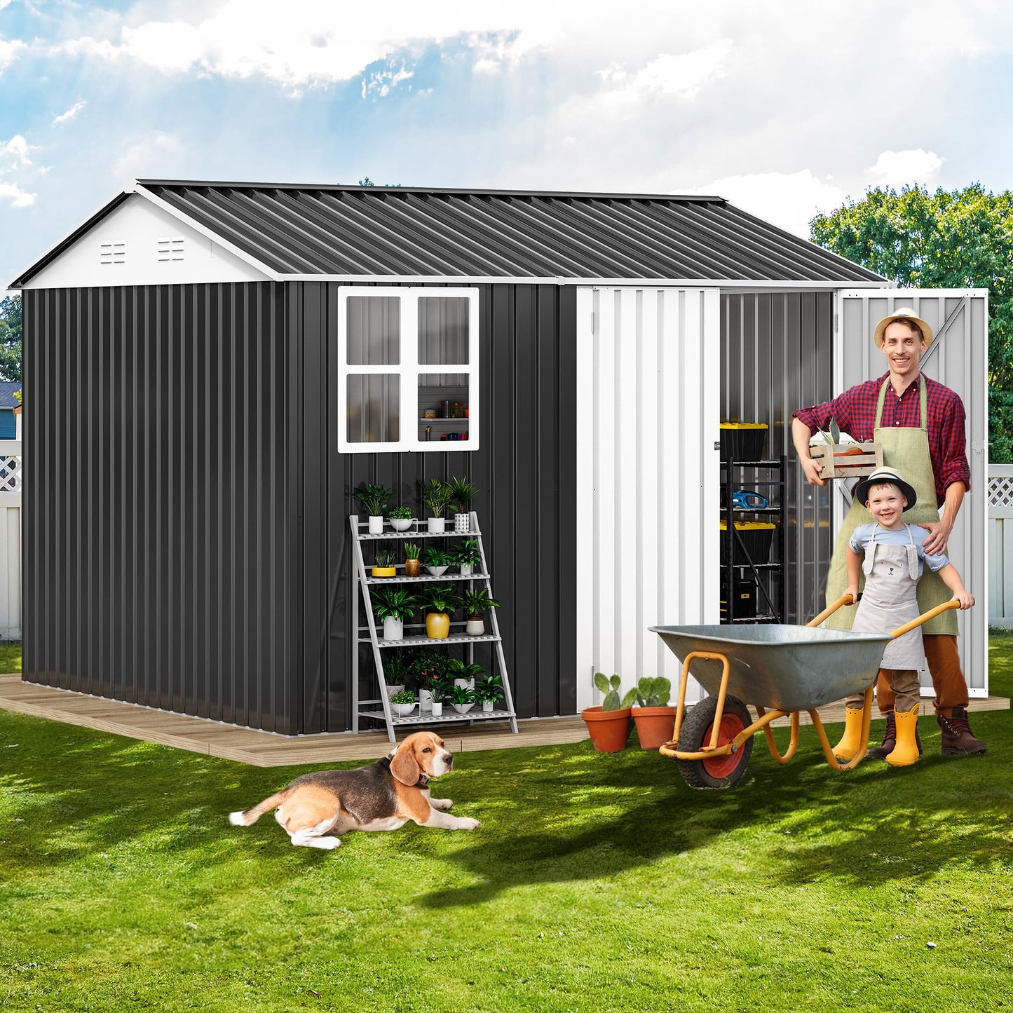 DWVO 10x8ft Large Tool Storage Shed with Window, Lockable Doors, and Sloped Roof, Oversized Steel Outdoor Storage Shed for Garden, Patio, Garage, Backyard, Lawn - Dark Gray