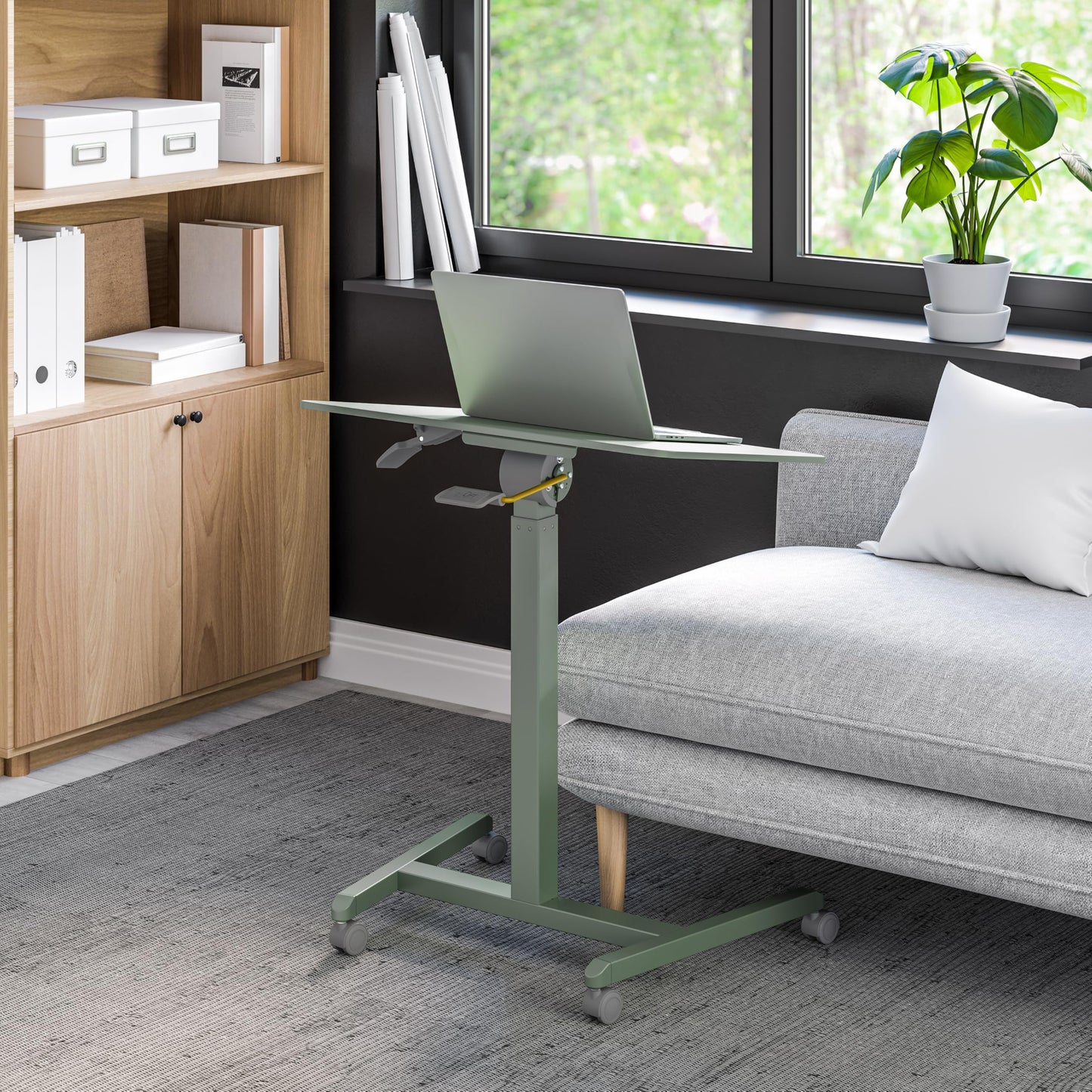 Seville Classics Airlift Height Adjustable Pneumatic Laptop Sit Stand Desk Mobile Rolling Cart, Computer Workstation for Home Office, Classroom, Sage Green, 25.6" Tilting Desktop