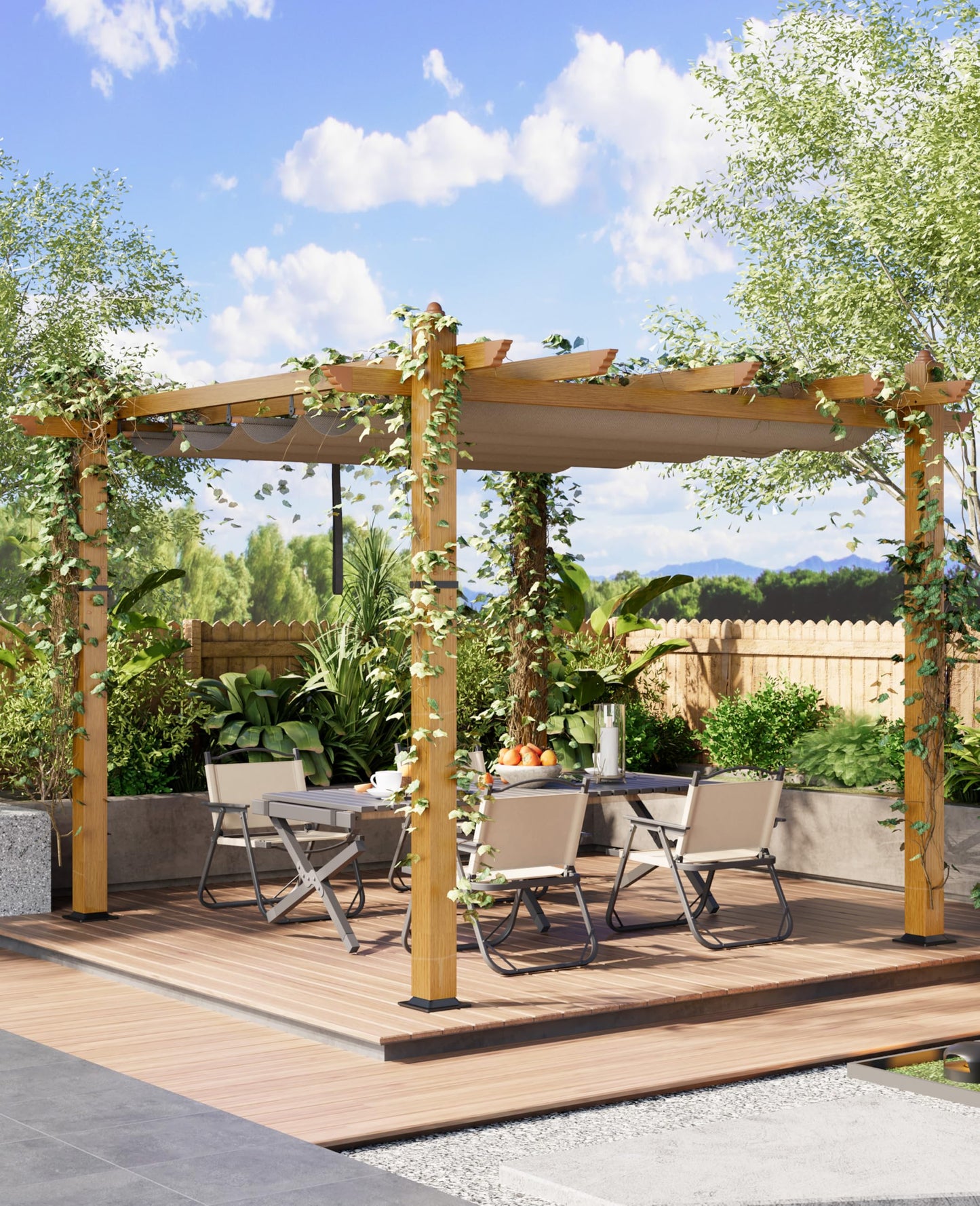 Garvee 10x10 ft Outdoor Pergola with Retractable Canopy – Upgraded Aluminum Faux Wood Grain Metal Patio Pergola for Modern Backyard Deck, Porch, Grape Trellis in Khaki