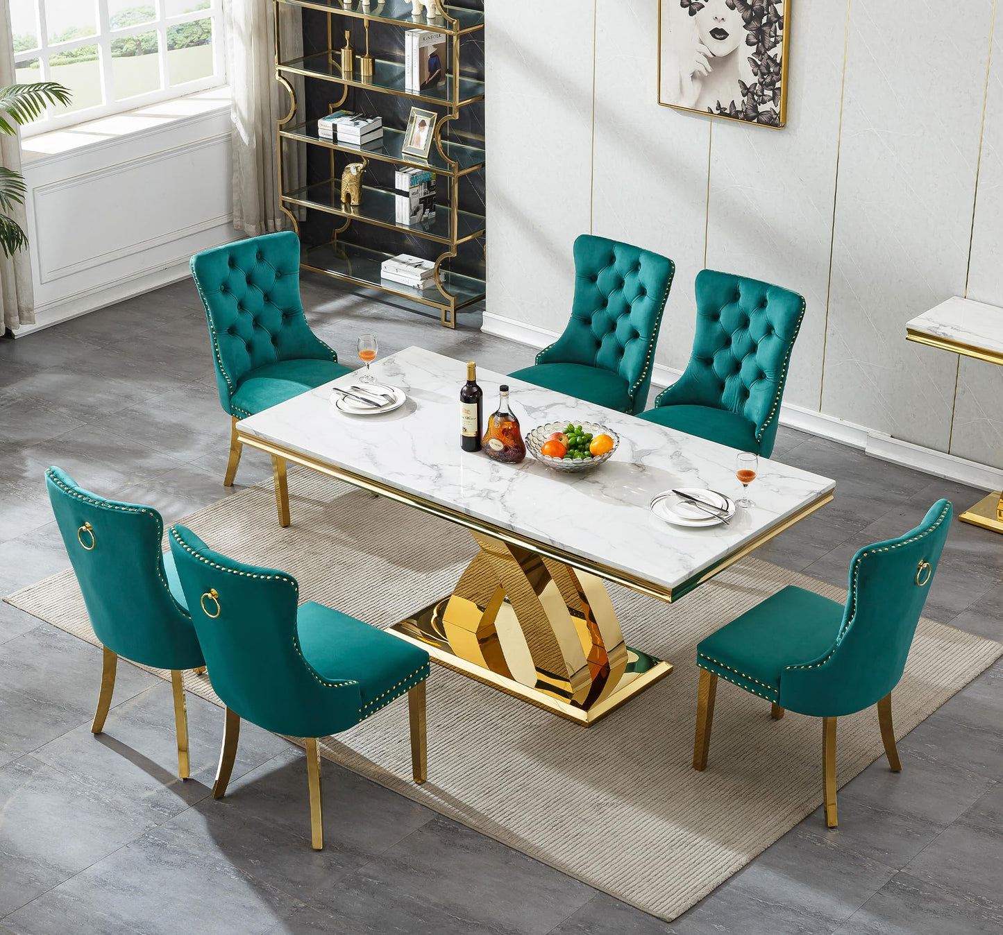 Pvillez 68.11" Marble Dining Table Set, White Dining Table with 6 Green Velvet Chairs, Rectangle Kitchen Table and Chair Set with Gold Stainless Steel Base, Luxury 7 Piece Dining Set for Kitchen