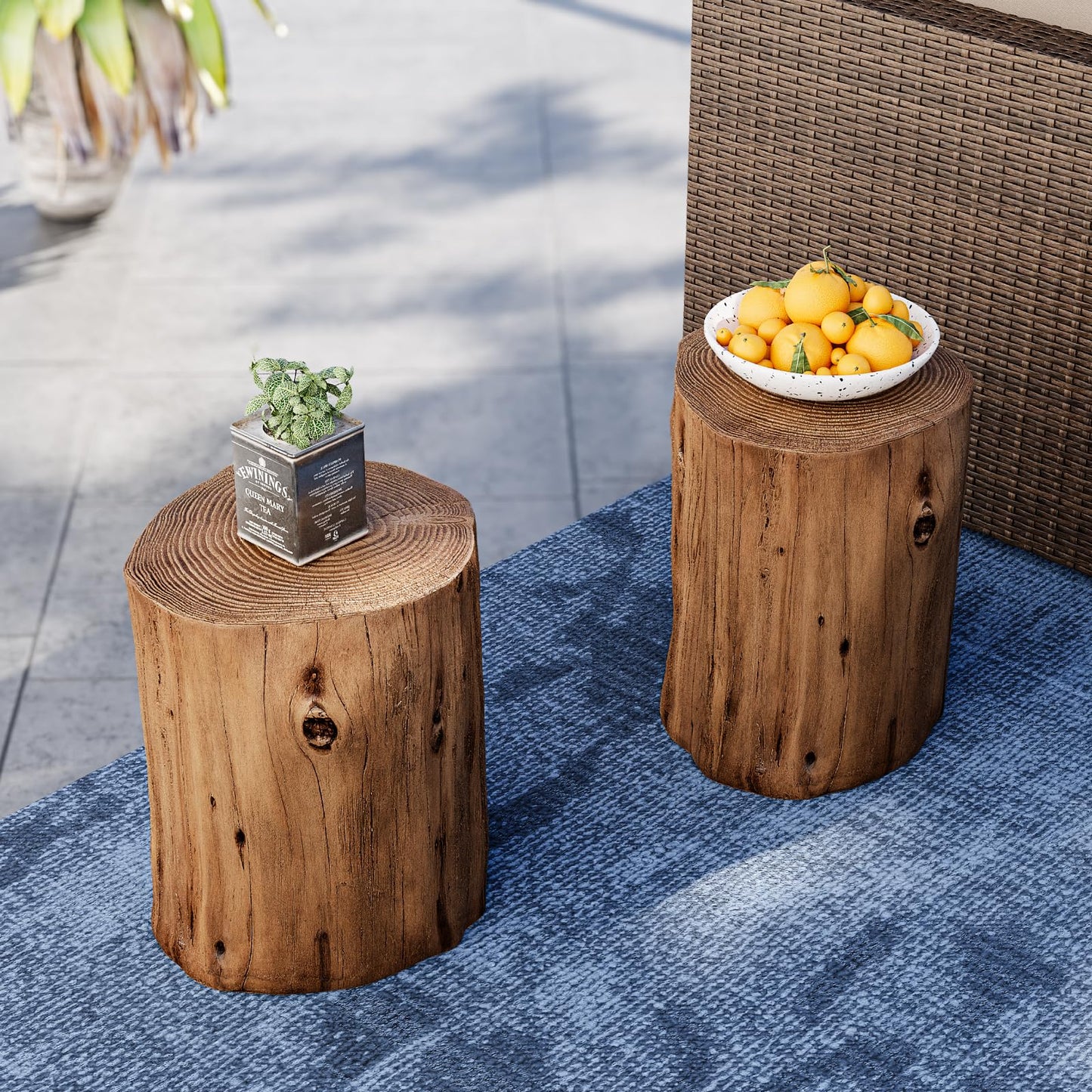 SUNBURY Outdoor Stump Side Table, Faux Wooden Concrete Side Table, Tree Stump Wooden Stool, Patio End Table, Round Outdoor Accent Drum Table, Light Brown Ottoman or Plant Stand