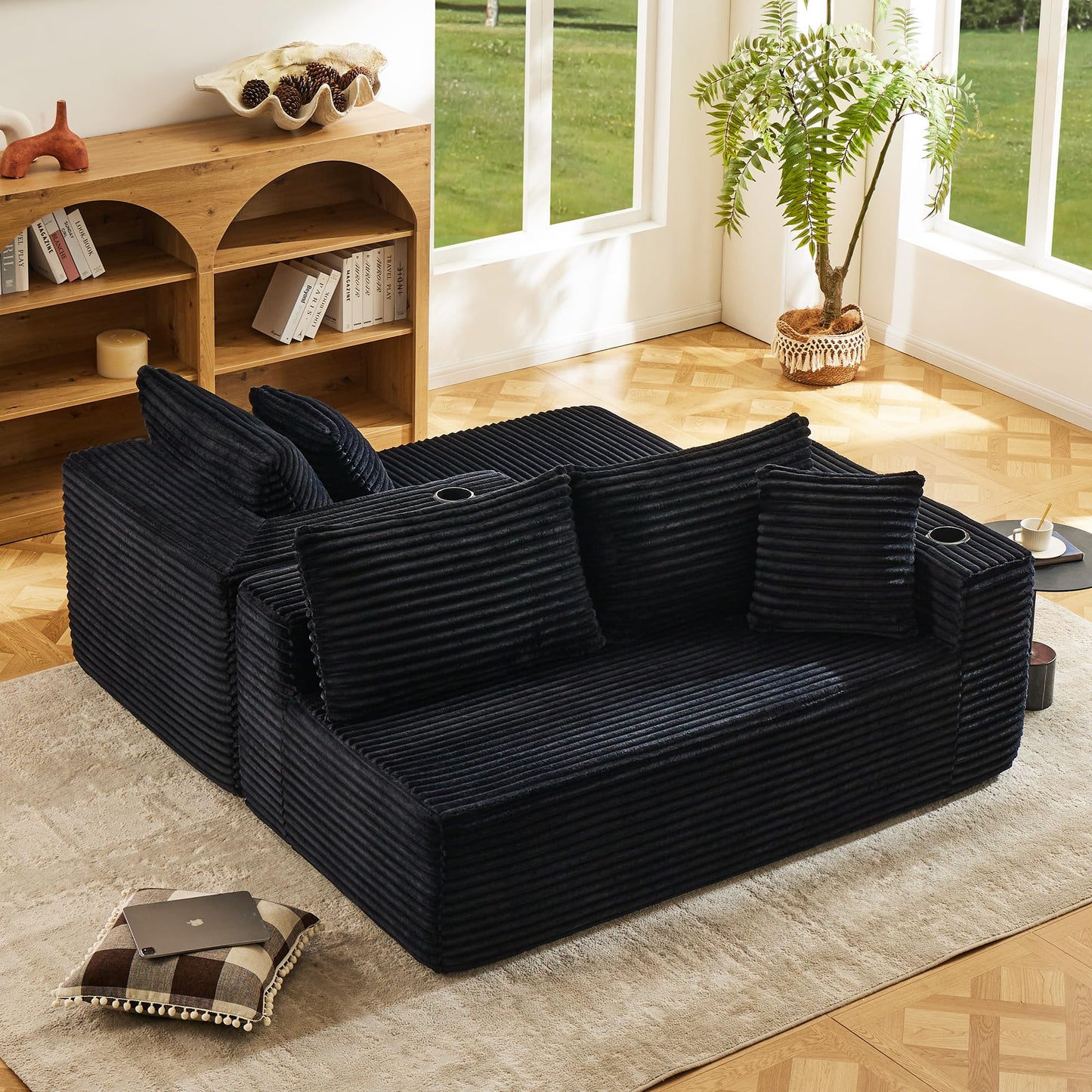 Fahomiss Modular Compressed Sectional Sofa Set – Velvet Corduroy Upholstery, Convertible Couch with Cup Holders and Pillows for Living Room, Black