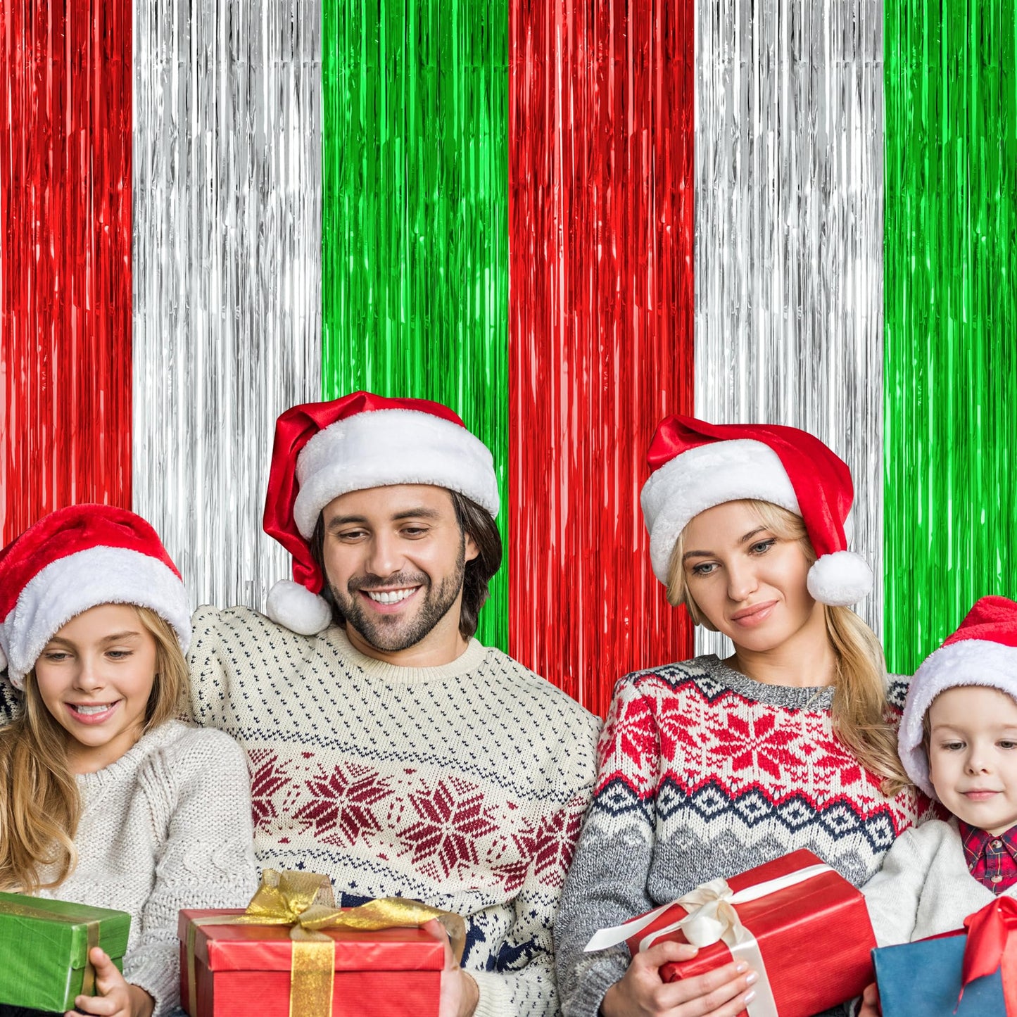 2 Pack Christmas Backdrop, 3.28 FT x 7.05 FT Red Silver Green Party Streamer, Metallic Xmas Backdrop Fringe Curtains Foil Tinsel, Christmas Decorations Wall Decor Photo Booth Props
