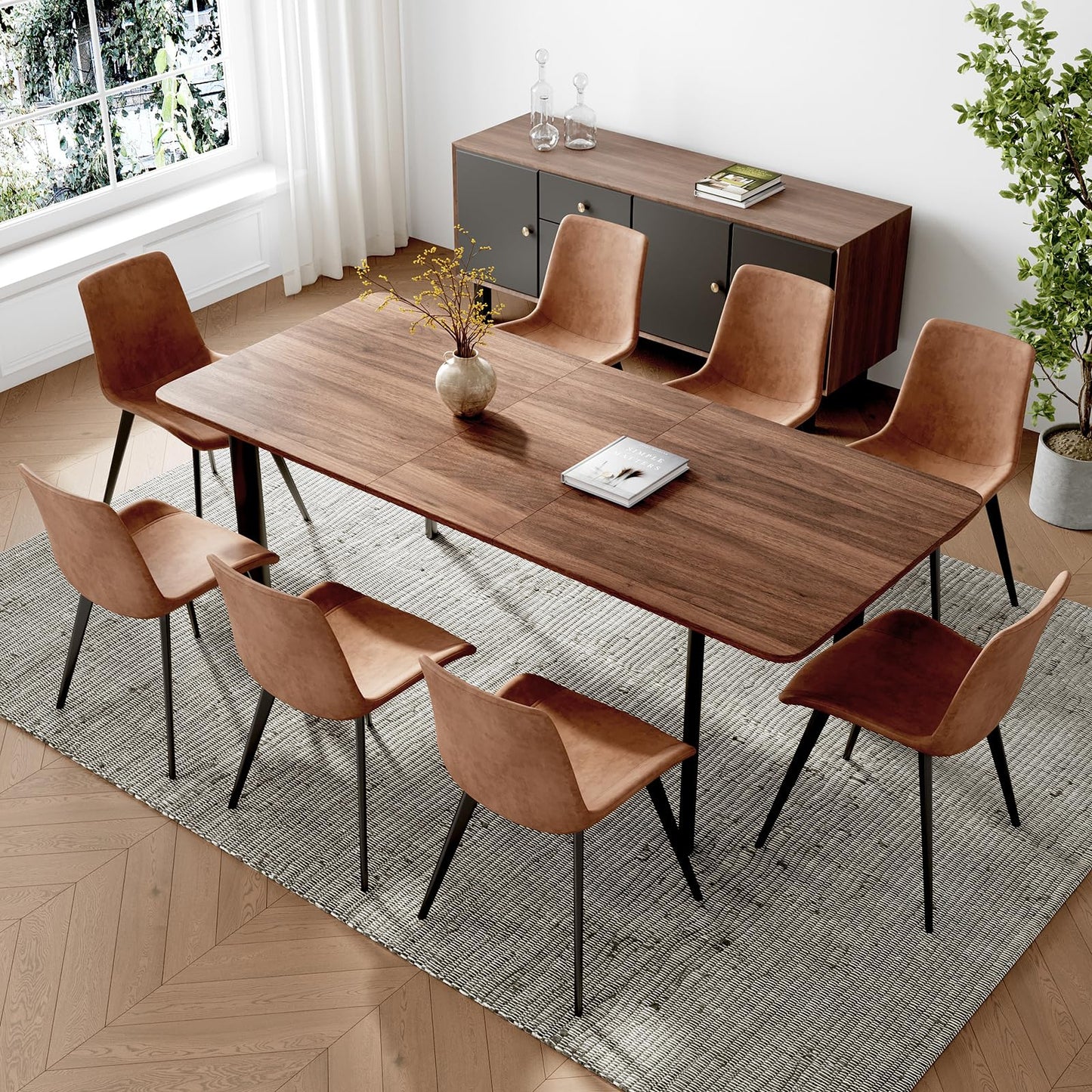 HIPIHOM 63"- 78.7" Extendable Dining Table Set for 8, Modern Kitchen Table with Dining Chairs for 6-8 Person, Thickened Expandable MDF Wooden Table with Metal Leg for Dining Room, Kitchen, Living Room
