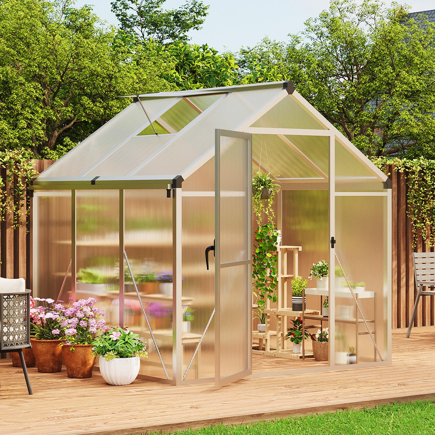 6 X 6 FT Greenhouse, Outdoor Greenhouses, Polycarbonate Panels with Aluminum Frame, Adjustable Roof Vent and Lockable Door, Green Houses for Outside Backyard, Garden, Patio