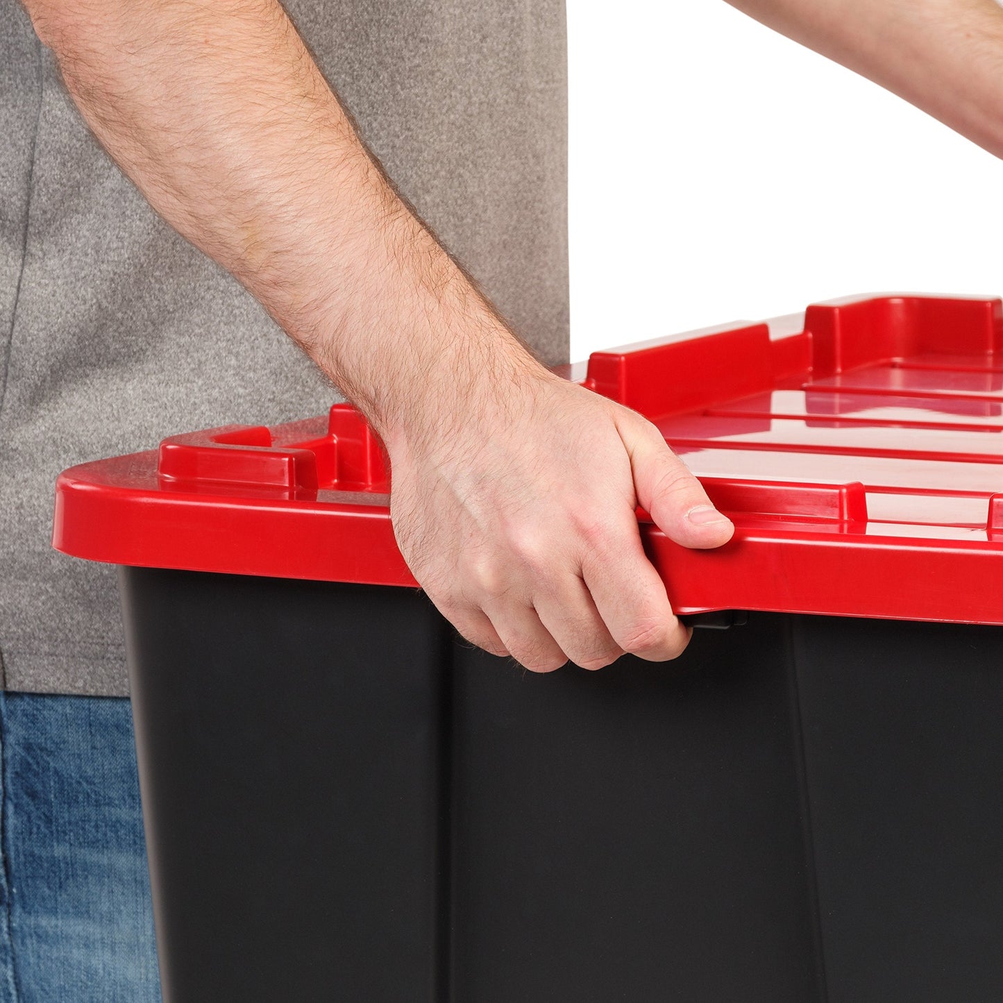 IRIS USA 27 Gallon Heavy Duty Truck Bed Toolbox Storage Tote Bins with Lids, 4 Pack - Made in USA, Tough Snap On Lockable Lid Stackable Industrial Tubs, Garage Organization Reusable Box - Red