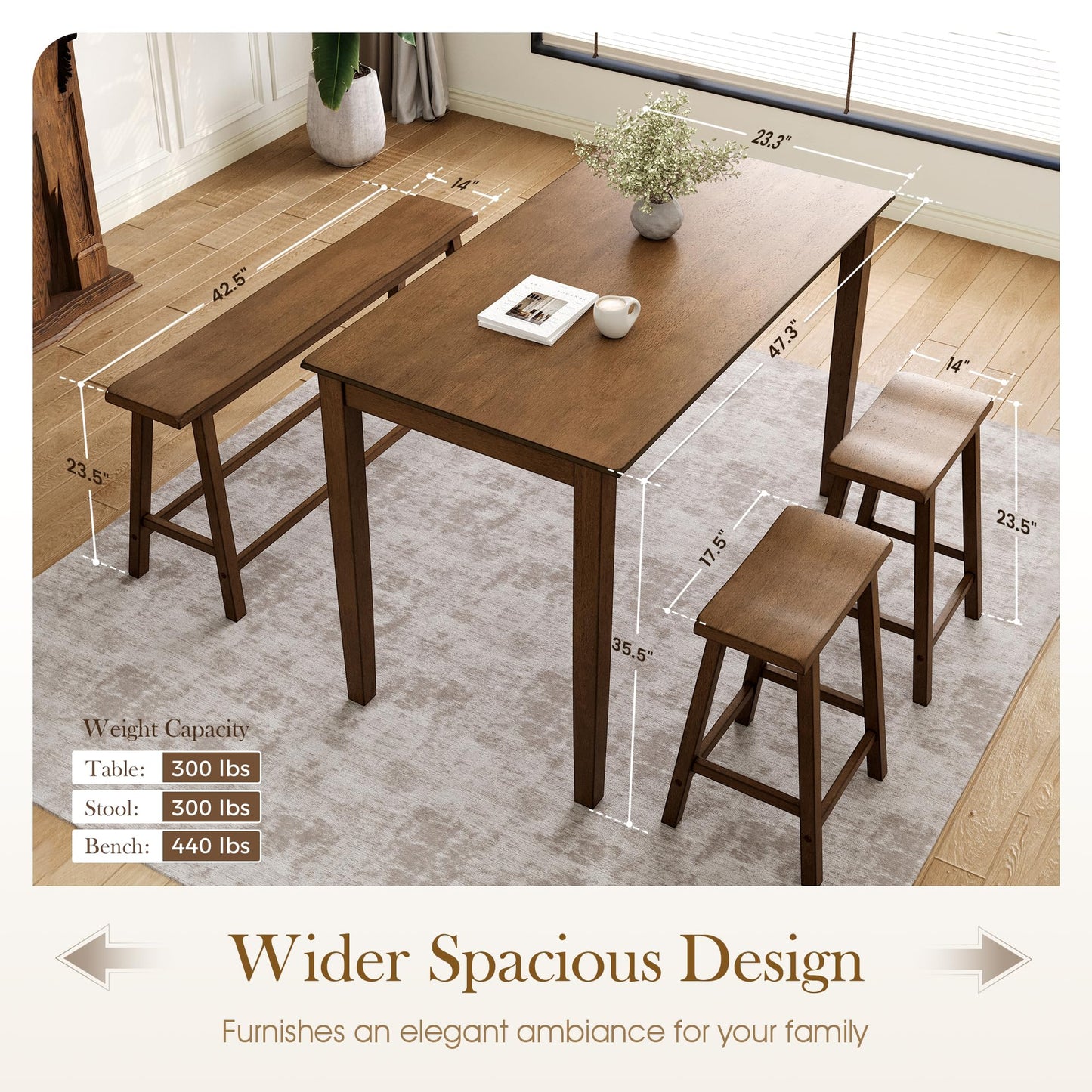 Sophia & William Dining Table Set for 4, Counter Height Table and Chairs Set of 4, Wood Kitchen Table Set with Bench and Chairs, Rectangular Breakfast Dining Set Space Saving,Rustic Caramel