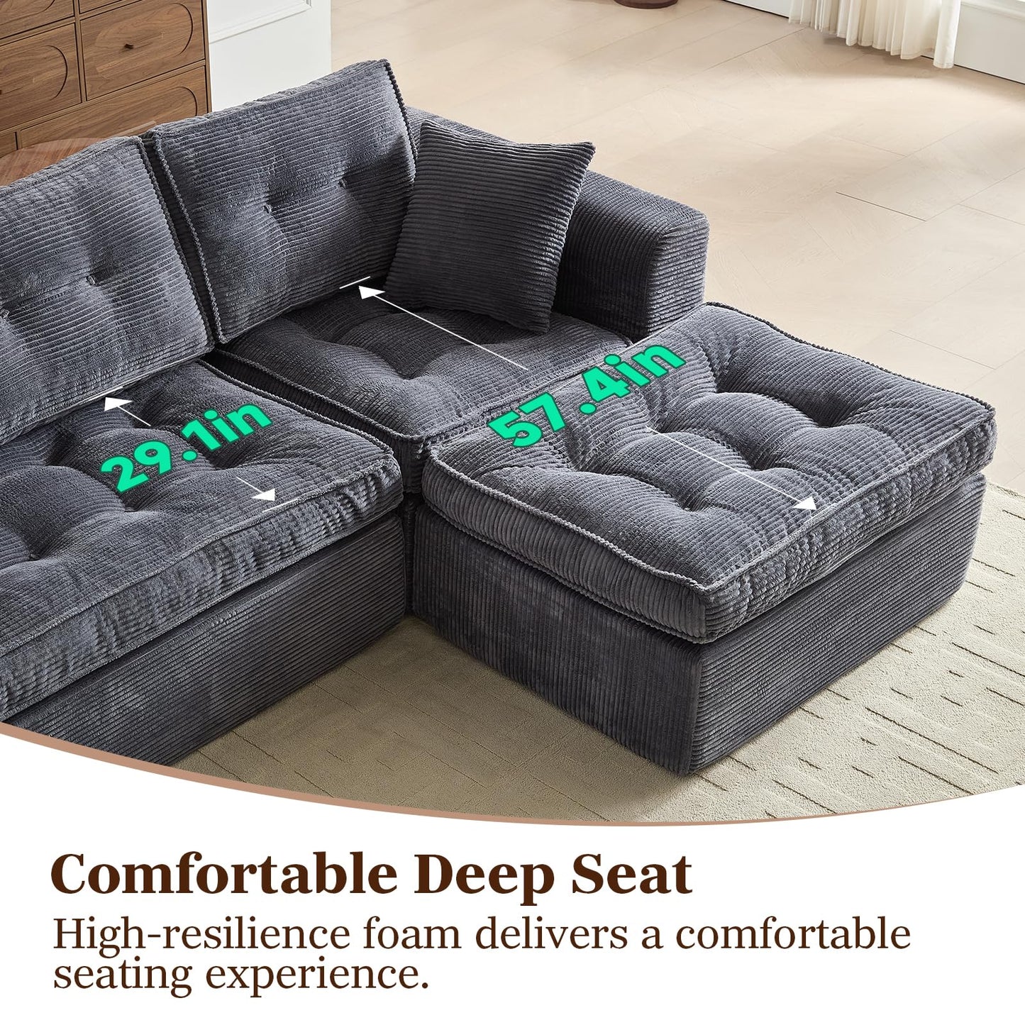 ROXGOX Modular Sectional Sofa, Modern Boneless Couch with L-Shape Chaise, Home Sectional Comfy Sofa Set for Living Room Bedroom and Floor, Plush Corduroy, No Assembly Required (Gray)
