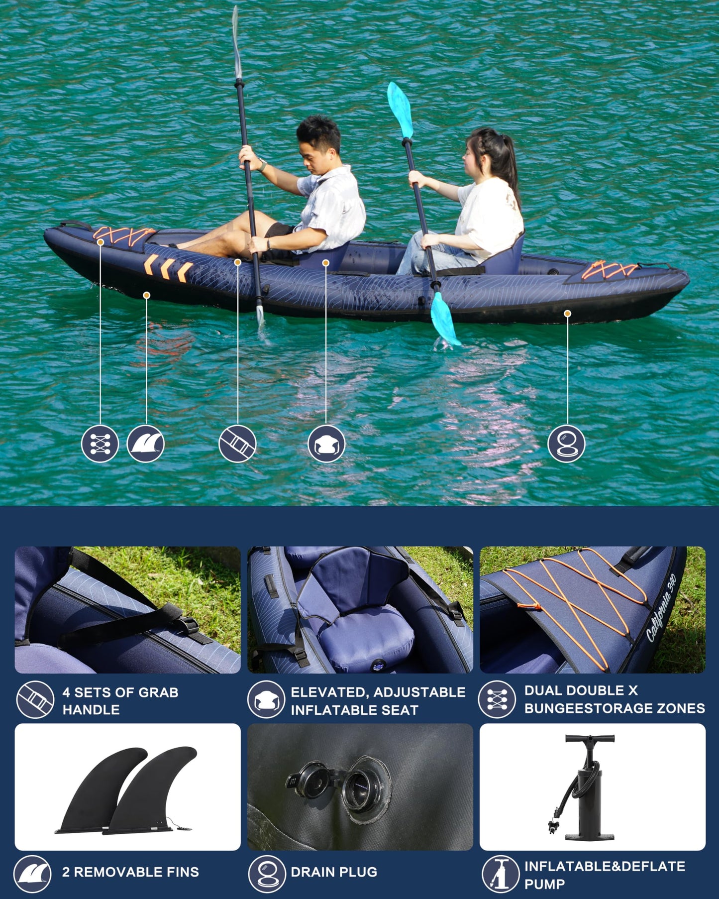 Inflatable Kayak 2 Person, Tandem Kayak, Foldable Kayaks for Adults, with Kayak Fin, 2 Aluminum Paddles, 2 Padded Seats, Hand Pump and Travel Backpack