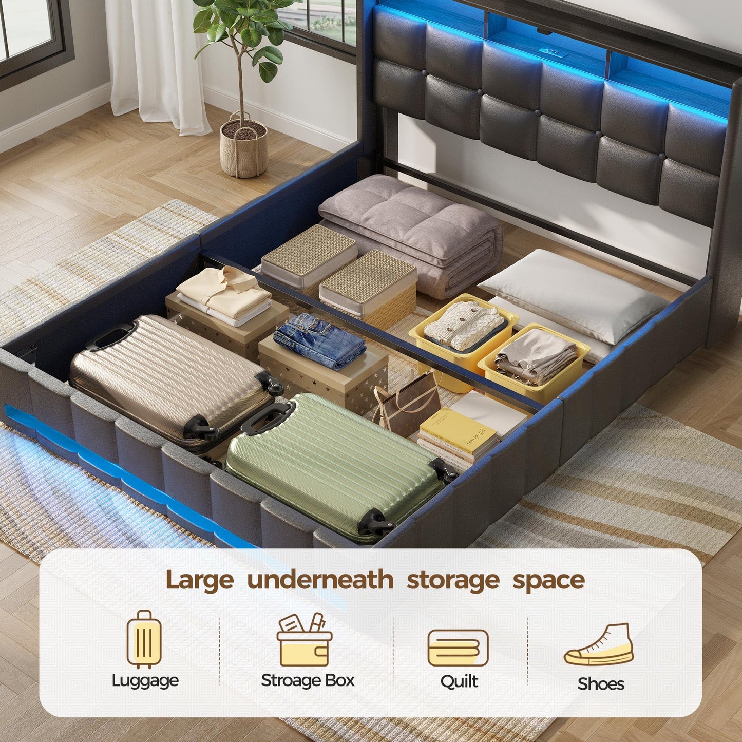 Rolanstar Bed Frame Queen Size with Lift Up Storage, Charging Station & LED Lights, Upholstered Storage Headboard, Heavy Duty Wooden Slats, No Box Spring Needed, Noise Free, Easy Assembly, Black