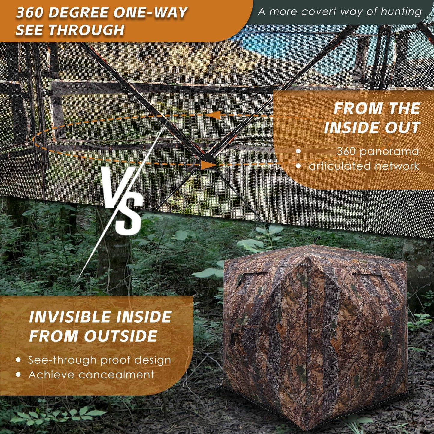 FUNHORUN Hunting Blind with Floor Mat, 360 Degree See Through Ground Blind with Carrying Bag, 3/4 Person Pop Up Camouflage Tent Portable Rhombus Door Concealed Shelter