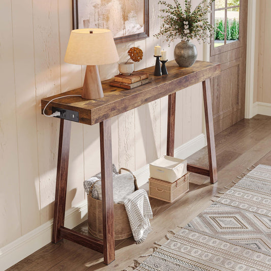 Huuger Entryway Console Table with Charging Station, USB-C Port, 47.2 Inch Sofa Table with Metal Legs, Entry Hallway Table with Thicker Desktop, Modern Behind Couch Table, Rustic Brown