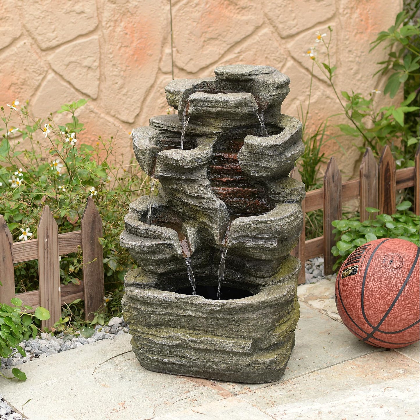 Bumilgar 6-Tier Cascading Rock Water Fountain Outdoor Garden Waterfall Decor for Garden, Patio, Backyard, Deck, Porch and Home Art Decor,24.4" H Outdoor Fountain with Lights