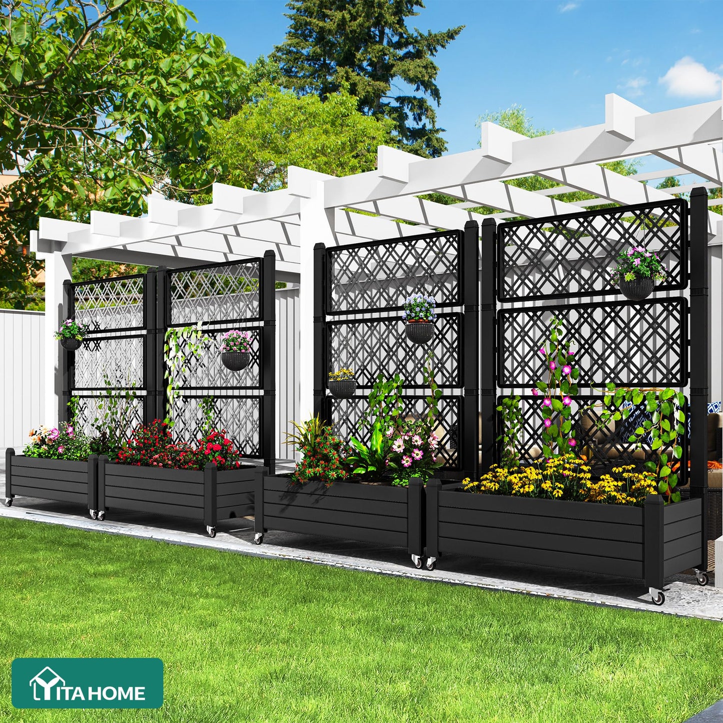 YITAHOME 43.3x17.7x61 in Planter Boxes Outdoor with Trellis 2pcs Resin Raised Garden Bed with Wheels & Drain Plug for Climbing Plants, Weather-Resistant Outdoor Privacy Screen, Black