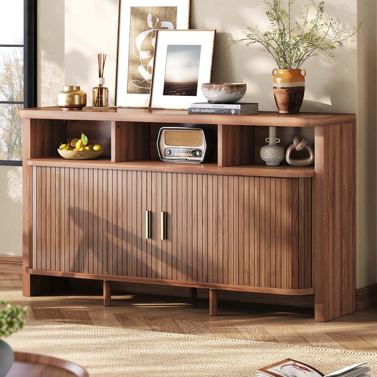 IRONCK 55" Sideboard Buffet Cabinet with Storage, Fluted Credenza with Sliding Door & Open Shelf, Mid Century Modern Accent Coffee Bar Console Table for Kitchen, Living Room, Entryway, Walnut