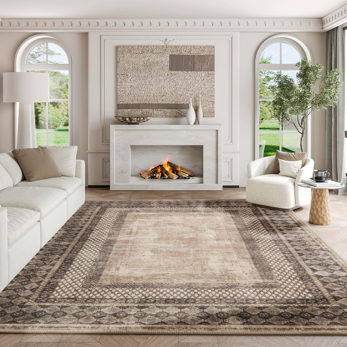 NICETOWN 5x8 Area Rug, Ultra- Thin Brown Oriental Washable Rug for Living Room, 5'x 8' Carpet for Bedroom, Non-Slip Stain Resistant Foldable Large Carpet Pet & Kids Friendly for Dining Room