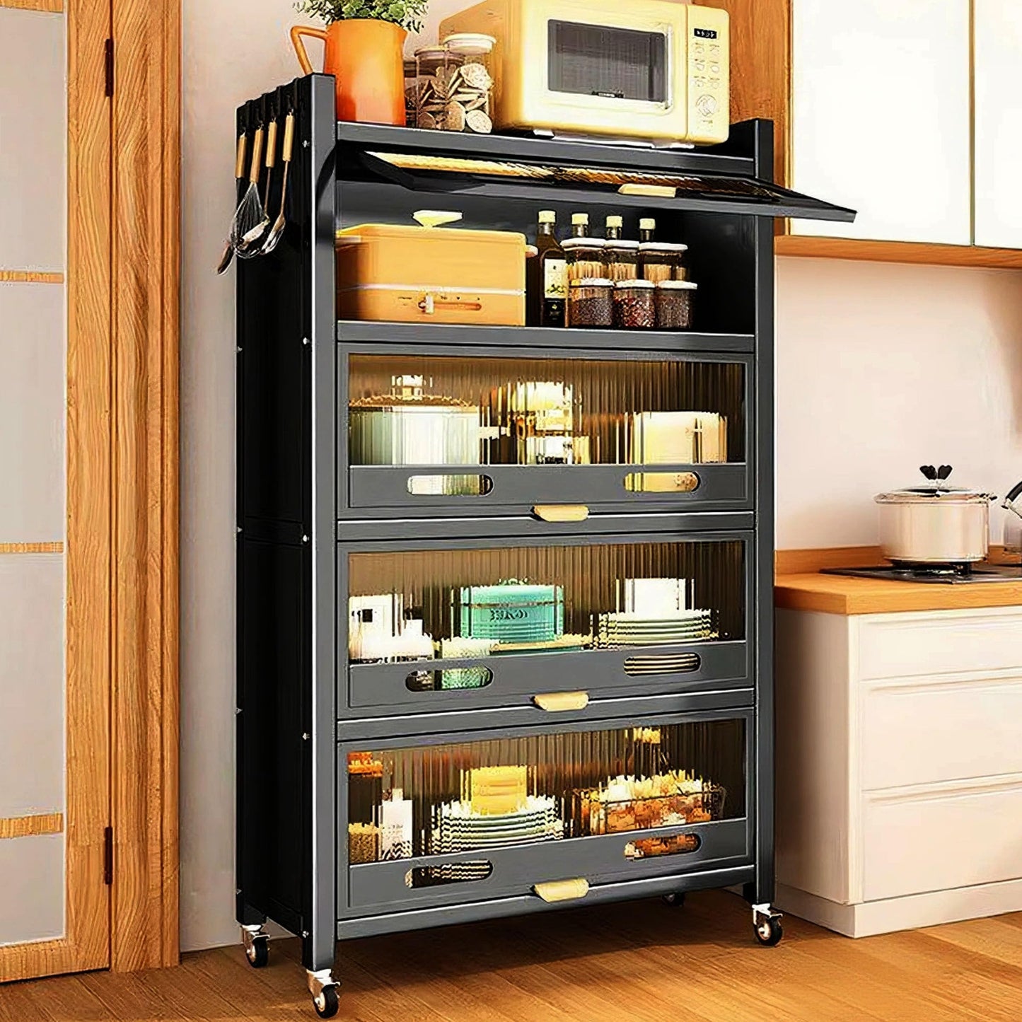 LXSJCYGJ 5-Tier Kitchen Storage Cabinet,Microwave Stand,Freestanding Kitchen Bakers Rack with 4 Rolling Casters,for Dining Room, Living Room and Study (Black, 12.6X 27.6X 57.3)