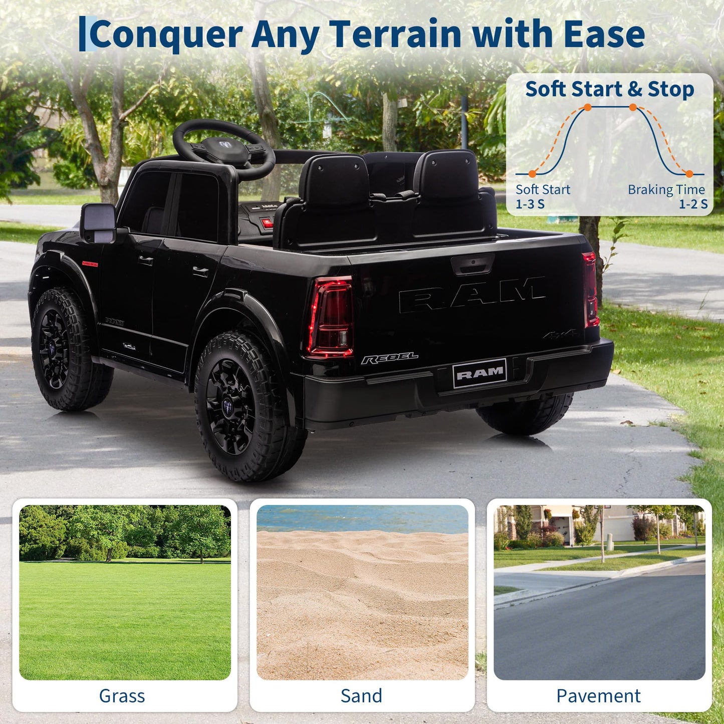 GarveeLife 24V Ride on Toys Licensed RAM 2500, 2 Seater Ride on Truck w/Remote Control, Spacious Truck Bed, 3 Speed, LED Lights, Suspension, Birthday Xmas Gifts for Boys Girls