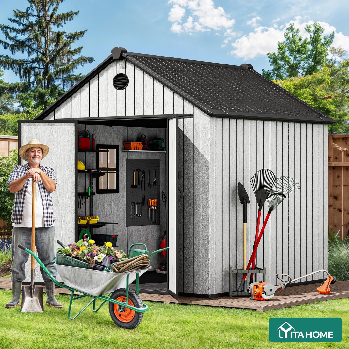 YITAHOME 8X8 ft Outdoor Plastic Storage Shed with Floor, 16mm Extra Thick Waterproof Garden Shed with Vision Window, Lockable Door & Vents, Heavy Duty Tool Storage for Patio, Lawn Mower, Bike, Gray