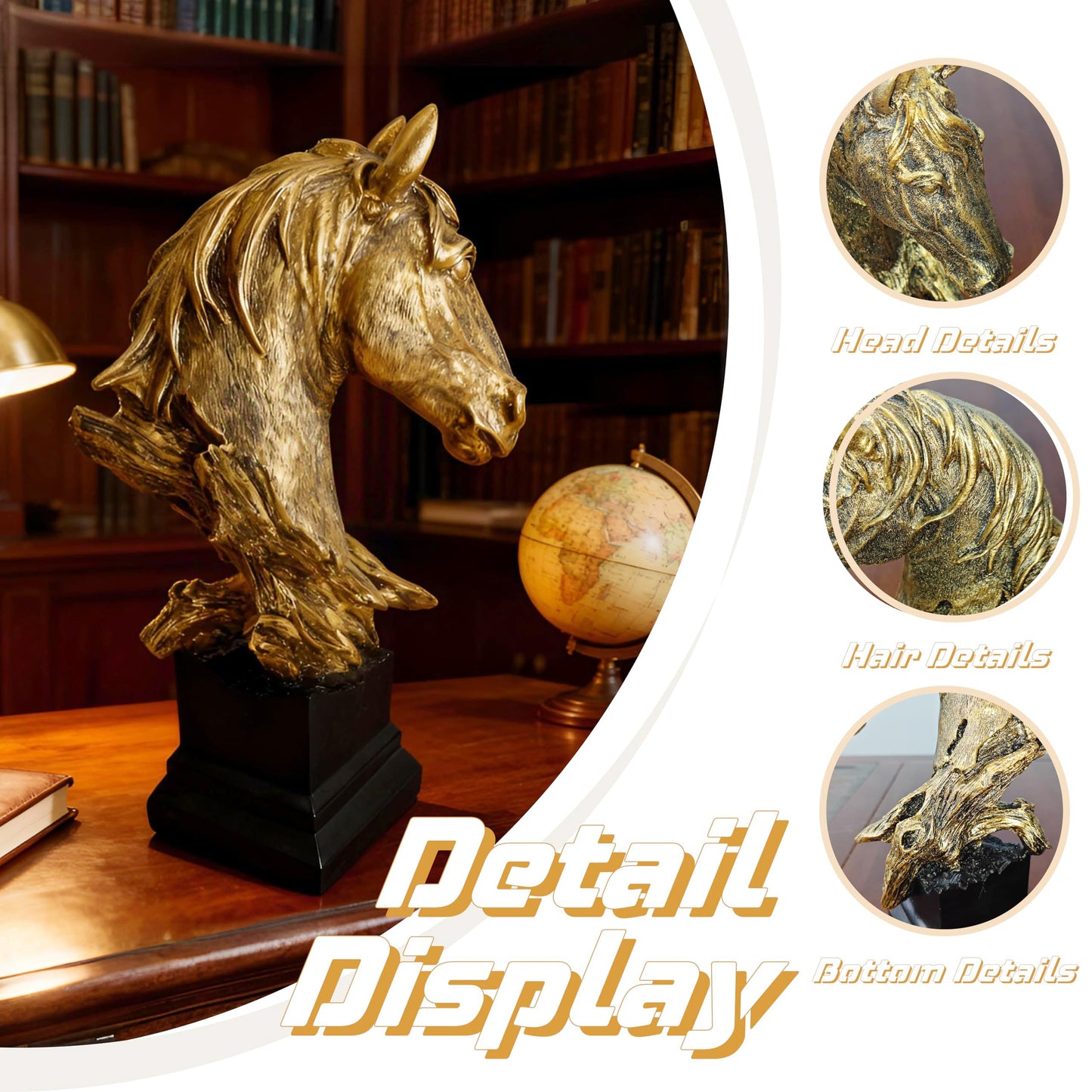 Retro Animal Gold Horses Standing 11.42“ Resin Home Statue for Living Room Decor Animal Ornament Sculpture Art Figurine Decorative - Bronze