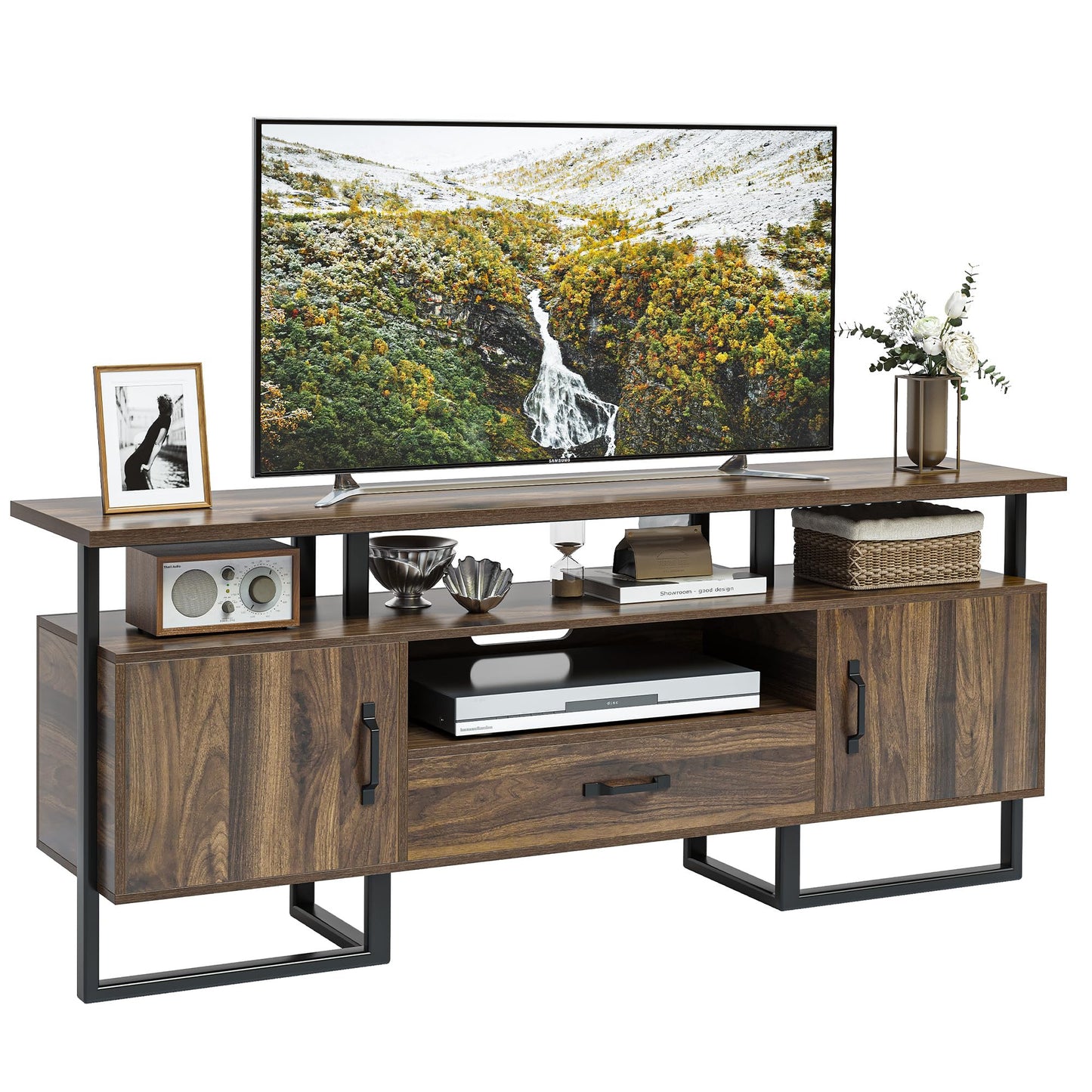 IDEALHOUSE 70 inch TV Stand for TVs up to 75", Industrial Entertainment Center with Storage Drawer and Open Shelves, TV Console Media Cabinet for Living Room, Bedroom, Rustic Brown