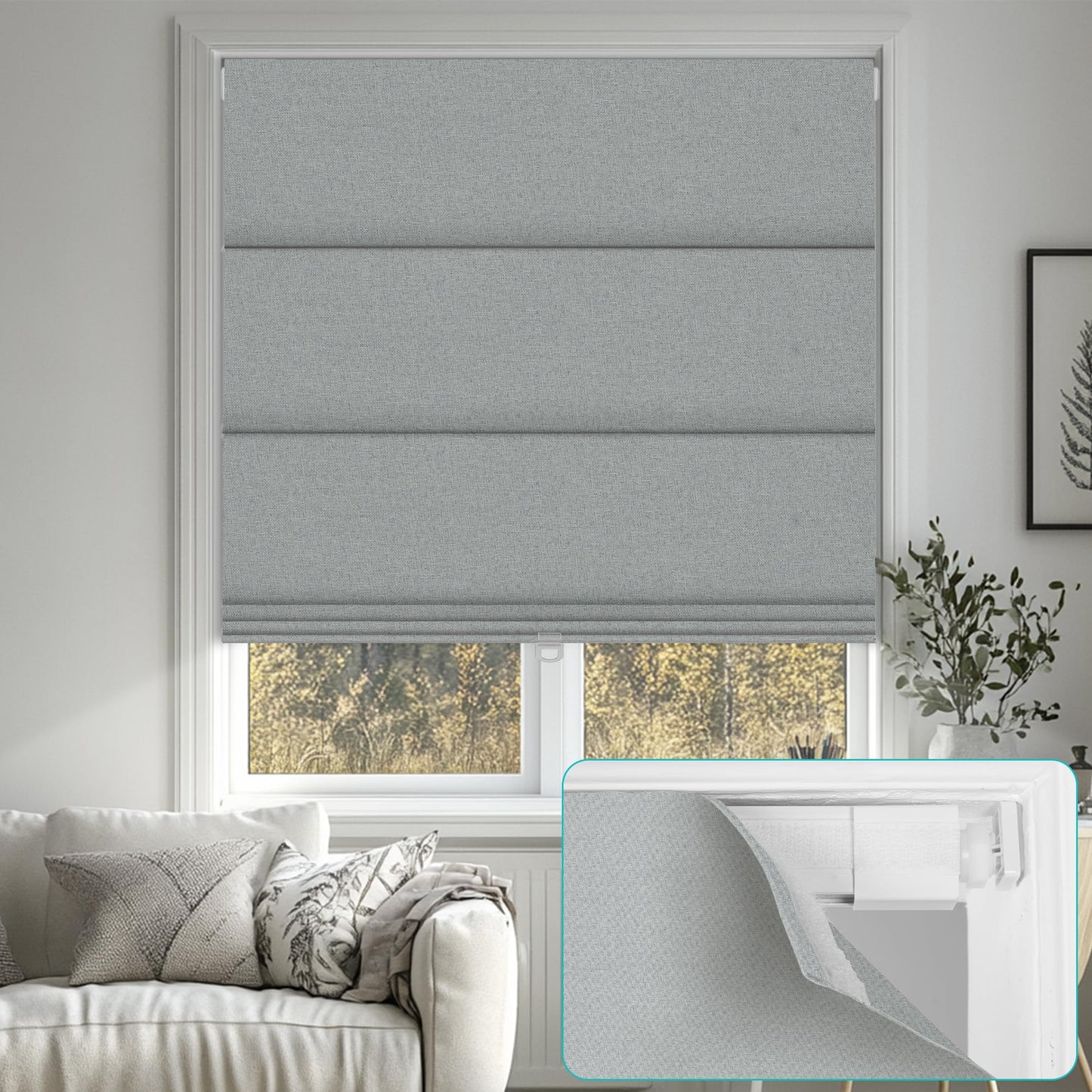 BERISSA No Drill Cordless Roman Shades for Window, Blackout Roman Blinds Room Darkening Pull Down Blinds Easy Install Linen Roman Window Shades for Door,Windows,Bedroom,Custom Size, Light Gray