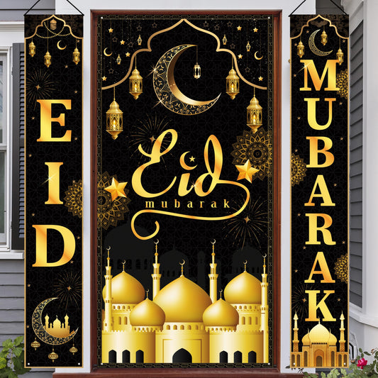 Eid Mubarak Decorations,3PCS Eid Decorations for Home Banner Backdrop,Eid Mubarak Decorations Porch Sign Door Cover,Wall Hanging Banner for Indoor/Outdoor Decoration Eid Al-fitr Party