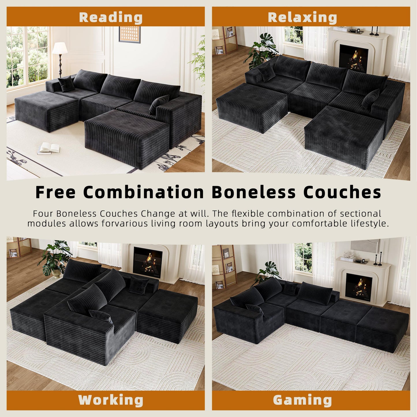 CABZOON 110" Boneless Couches for Living Room Cloud Couch Modular Sectional Sofa with Deep Seat Plush Large Foam SofaU-Shape Sofa Couch,No Assembly Required, Black (Plush Corduroy Fabric)