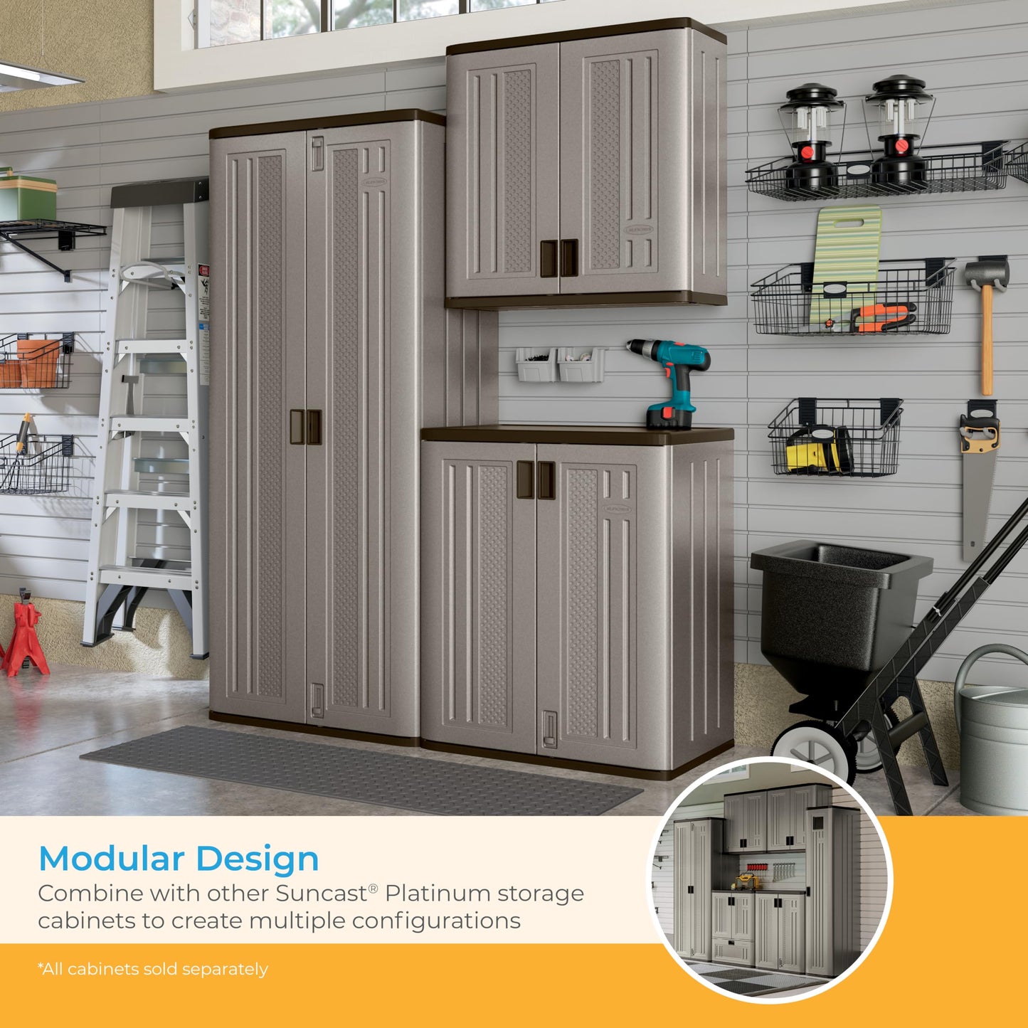 Suncast Tall Storage Cabinet, Platinum Resin Outdoor & Garage Storage Cabinet with Doors & Shelves, Resin, Weather-Resistant, Lockable, Freestanding Utility Closet for Tools & Supplies, Made in USA