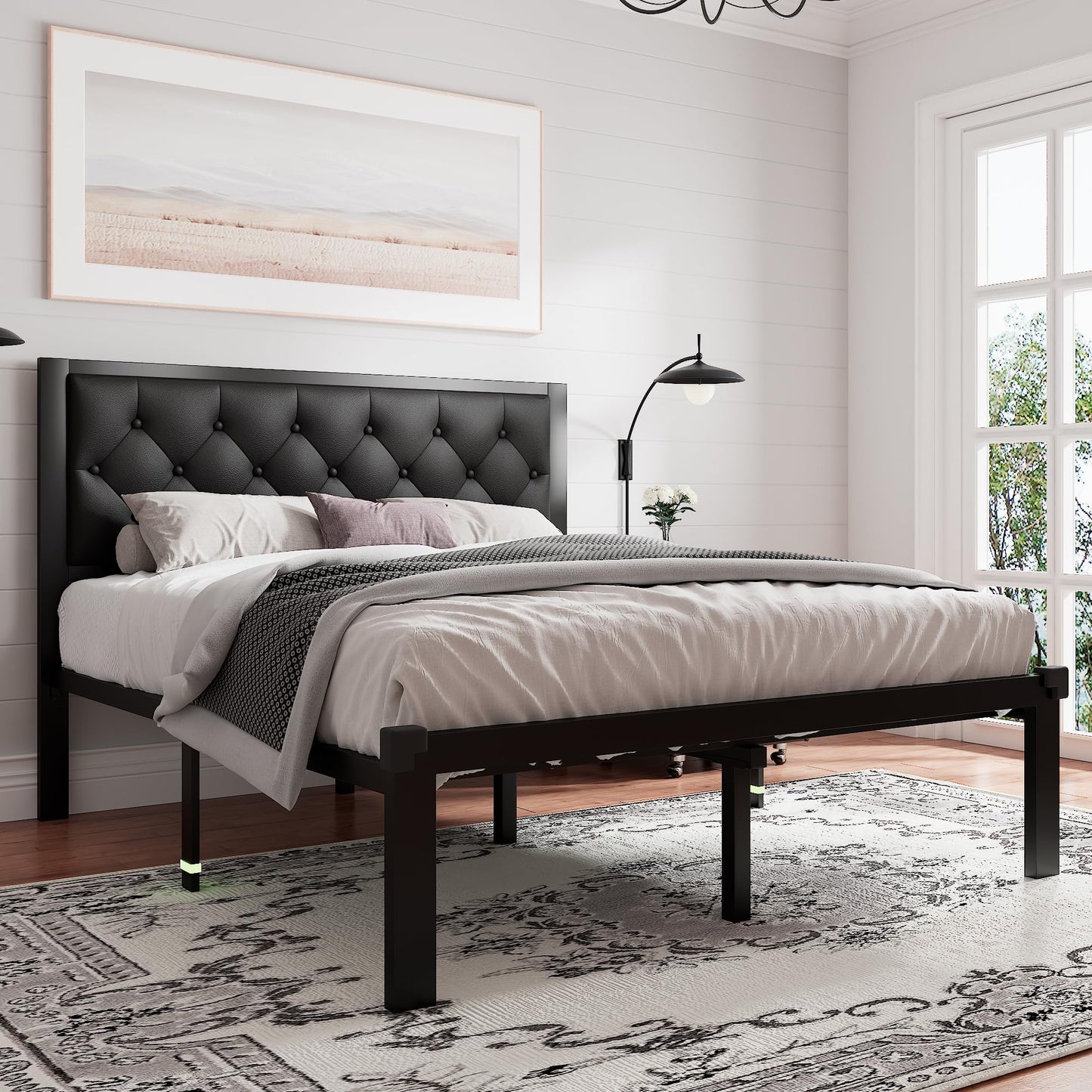 Feonase Queen Size Metal Bed Frame with Faux Leather Button Tufted Headboard, Heavy-Duty Platform Bed Frame with 12" Storage, Steel Slats Support, No Box Spring Needed, Noise Free, Matte Black