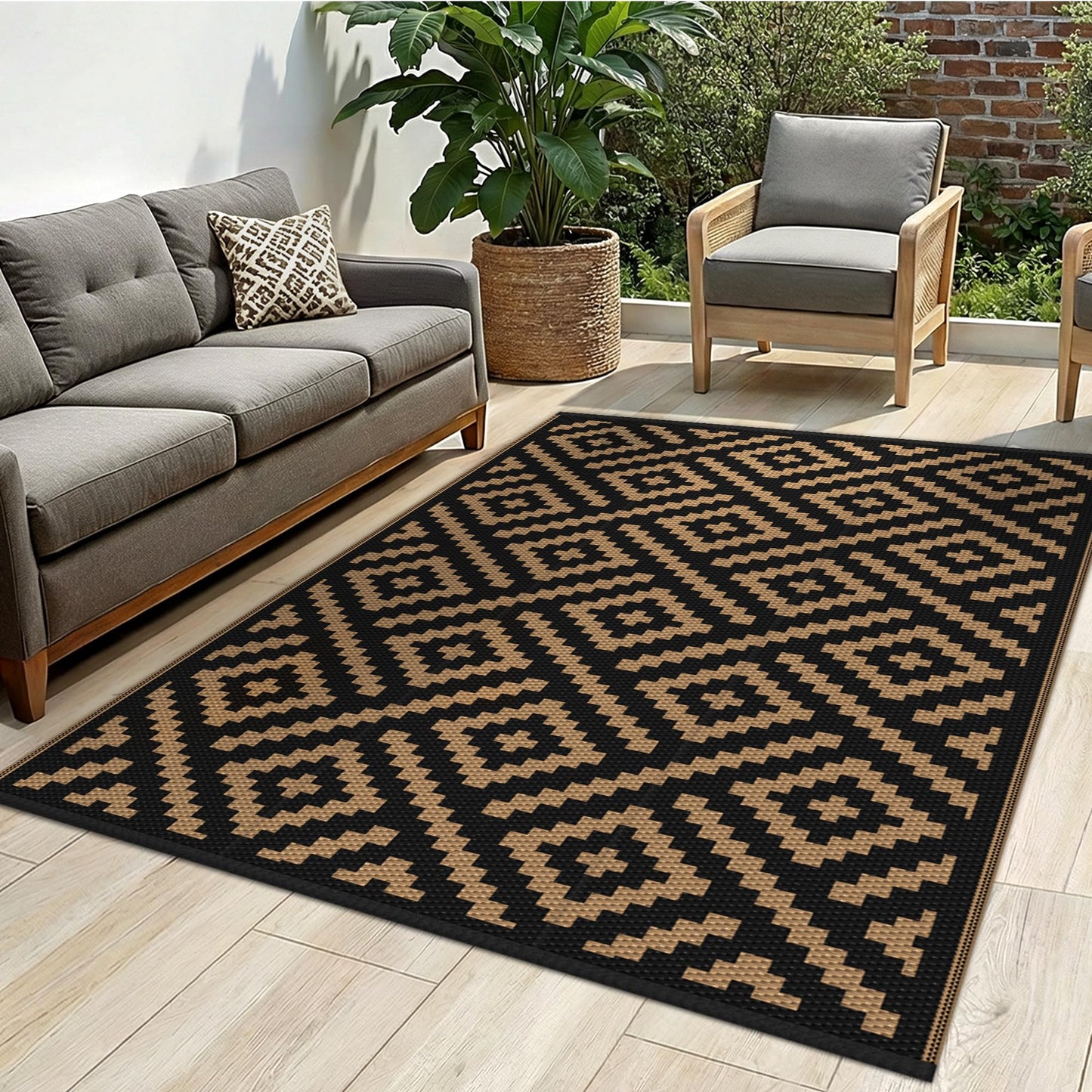 sarben Outdoor Rug for Patio - Waterproof Plastic Straw Camping Rugs 4x6 ft, Reversible Outdoor Indoor RV Mat Carpet for Patio, Porch, Deck, Balcony, Picnic, Beach, Black Brown