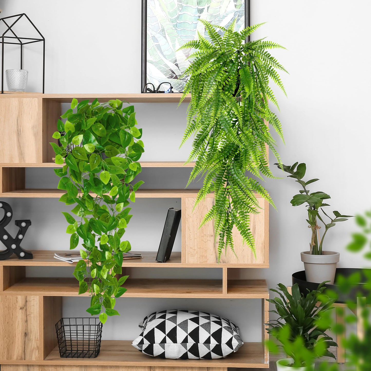 Palonu Artificial Hanging Plants for Shelf, 4 Pack Fake Potted Greenery Plant Faux Mandala Vine, String of Pearls, Ivy Vine,Persian Grass Fern in Pot for Desk Home Bathroom Farmhouse Room Table Decor