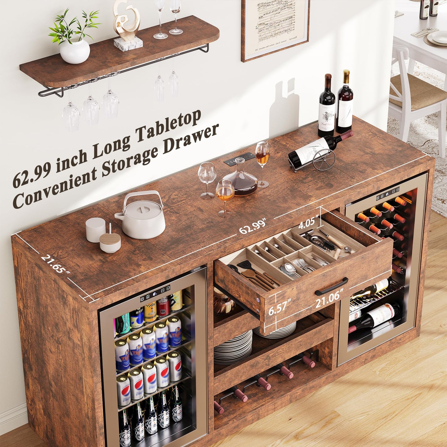 Jocoevol Large Coffee Bar Cabinet with Fridge Space, Mini Fridge Cabinet with Power Outlets and Wine Rack, Farmhouse Design Liquor Cabinet for Living Room, Kitchen, Entryway, Rustic Brown