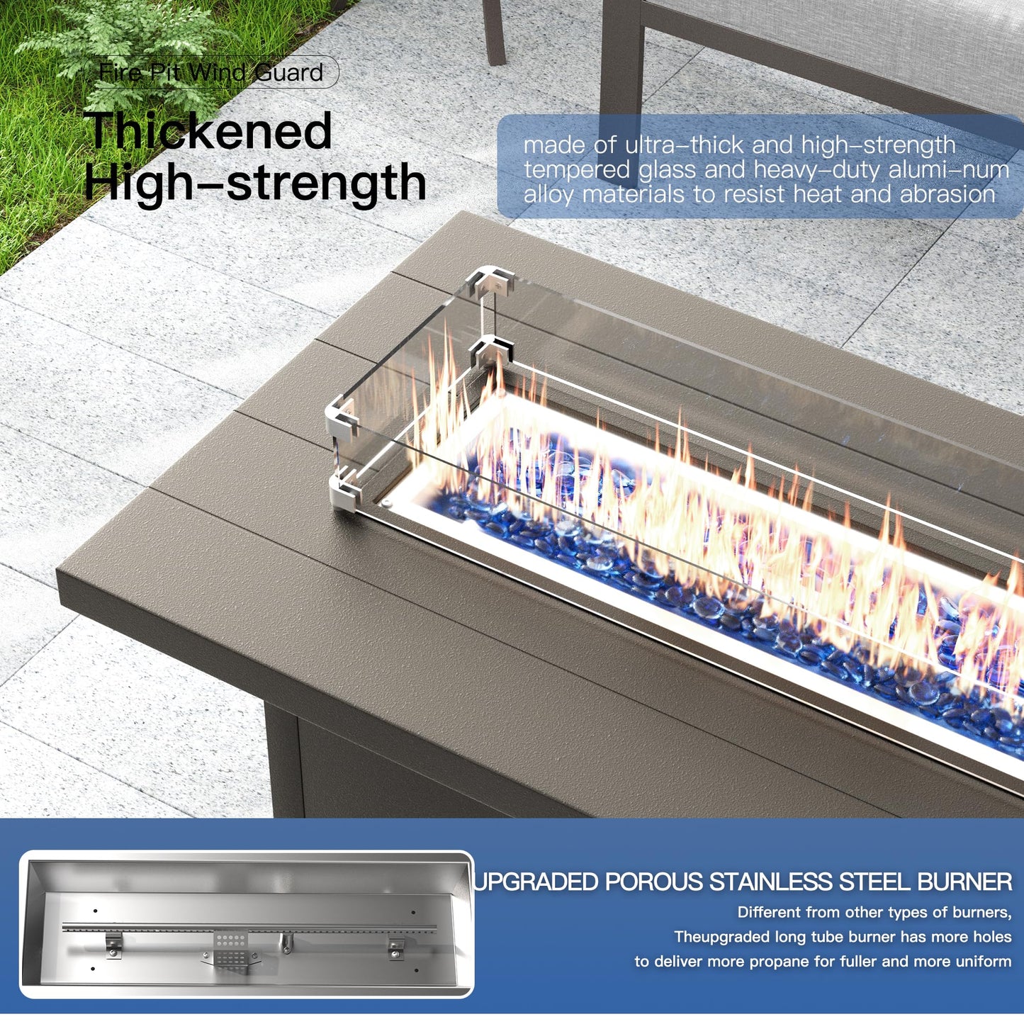 Kullavik 45" Propane Fire Pit Table,55000 BTU Auto-Ignitiongas Gas Fire Table with Fire Glass and Lid,Waterproof Cover and Blue Glass Stone for Patio,Balcony,Garden
