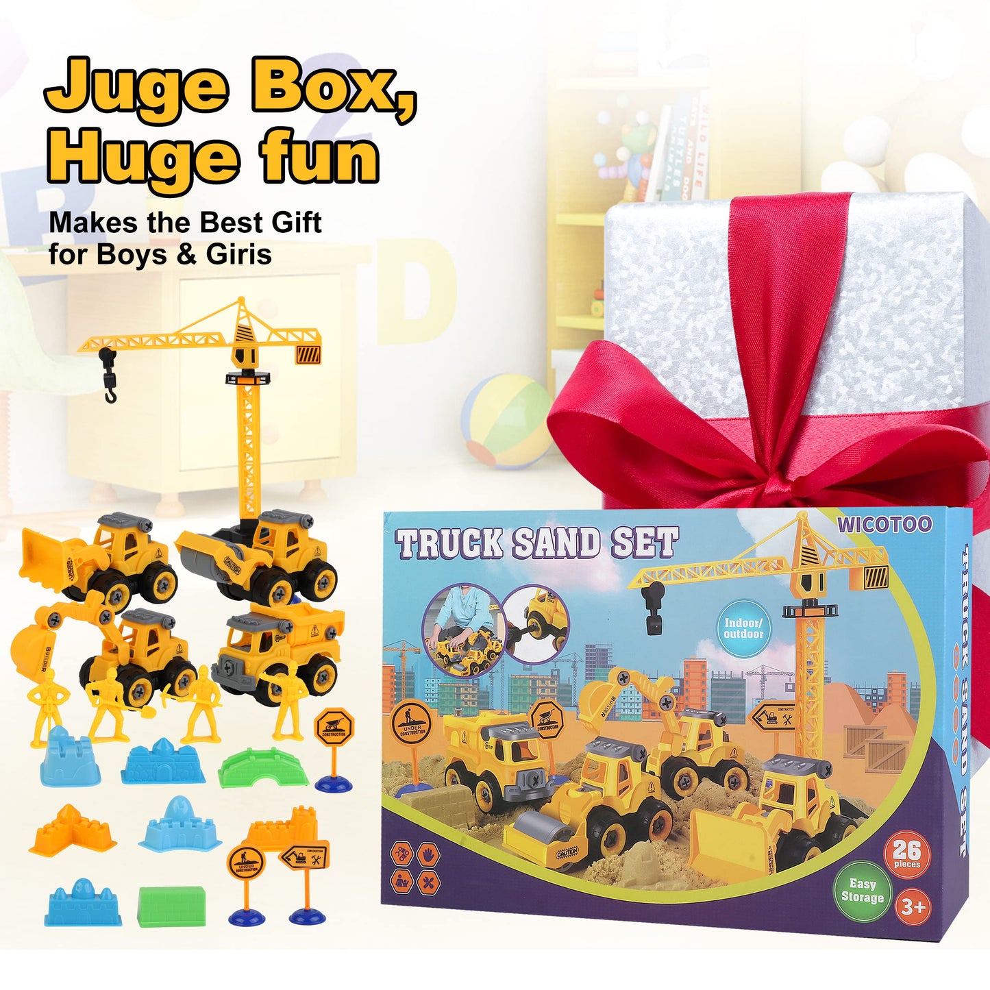 WICOTOO Sand Construction Kit,Sandbox,2.2lbs Magic Sand W/4 Take Apart Construction Trucks,Tower Crane,8 Sand Molds,4 Worker Figures,4 Road Signs,Toys for Boys Girls Age 4-8 Yellow,Brown
