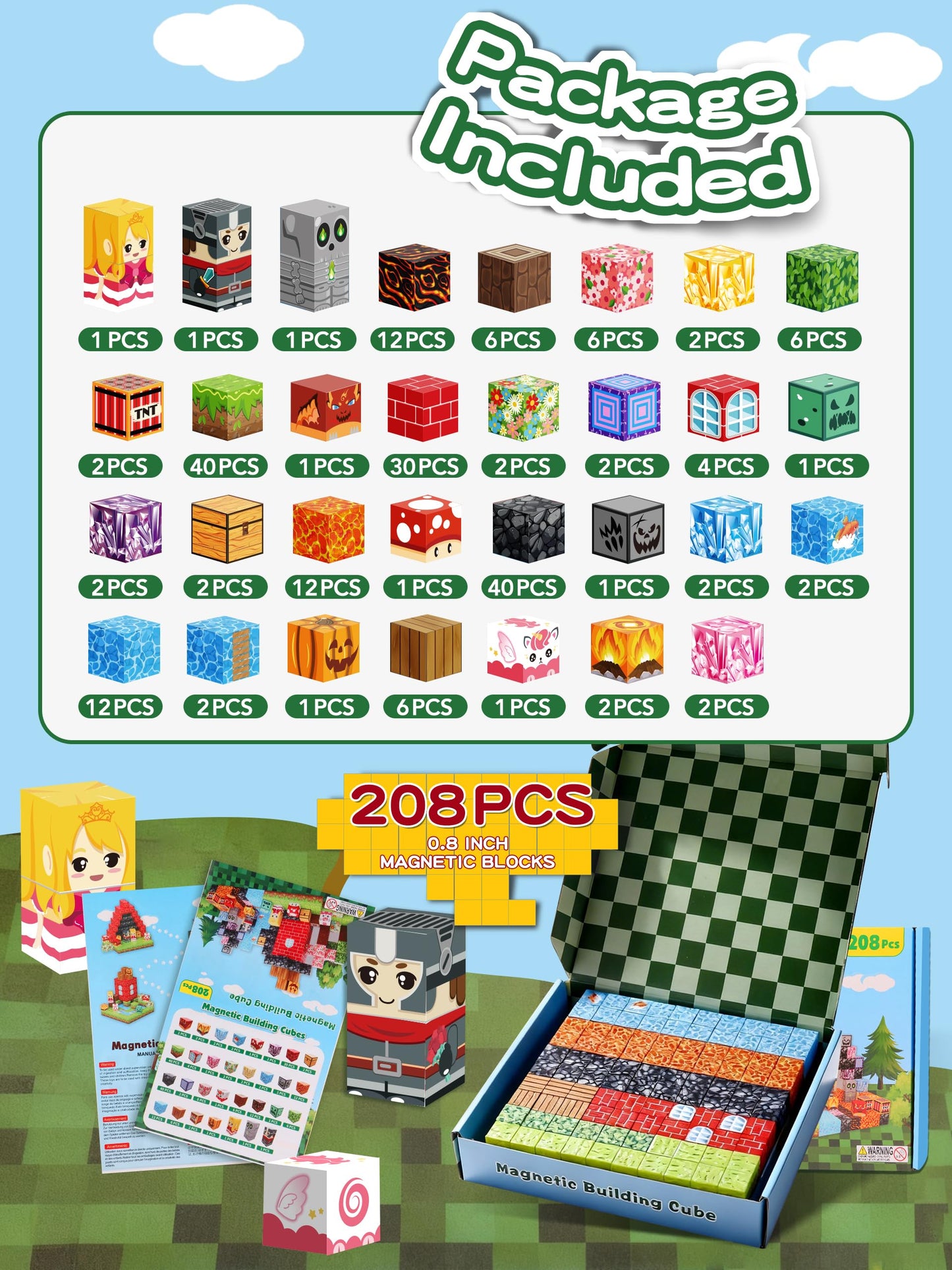 208 PCS Magnetic Building Blocks Toys Kids -0.8in 3D Magnetic Blocks Magnet Build Cubes Boys STEM Constructions Sensory Stacking Toy Set Girls Age 3+,4,5,6,7,8,9,10,11,12 Christmas Birthday Gifts