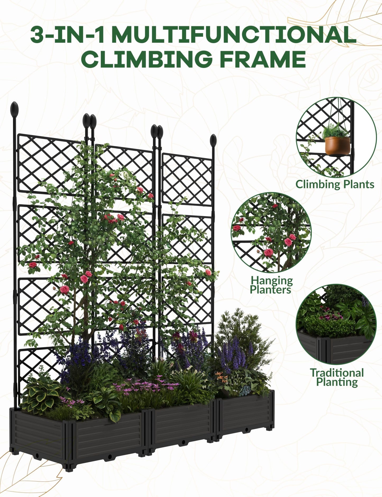 3 PCS Raised Garden Bed with Trellis & Privacy Screen, 50" x 63" Tall Vertical Garden Planter Box for Climbing Plants, Outdoor Trellis for Vegetables, Flowers, Patio, Balcony, Garden Black