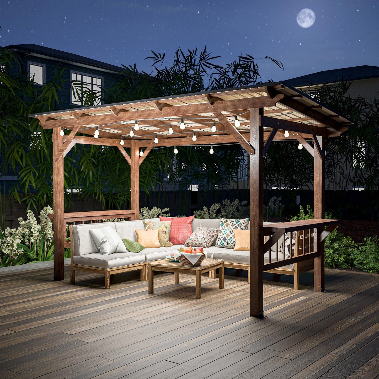 KEIKI 13' x 6.5' Wooden Grill Gazebo Metal Roof, Bulbs, Bar Counters, Patio Hardtop Grill Pergola, BBQ Canopy for Outdoor Patio, Lawn, Garden, Backyard