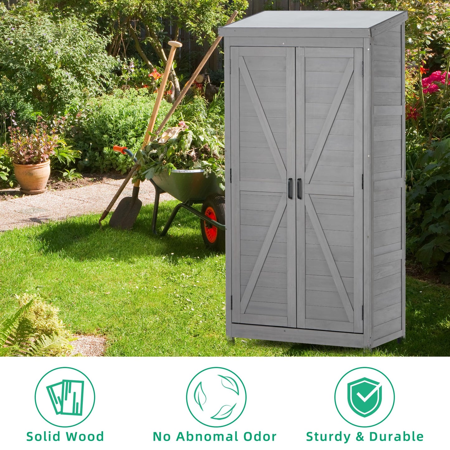 Ball & Cast 68" Garden Shed Tool Shed with Metal Top and Adjustable Protective Footpad,X-Shape Design Outdoor Cedar Wood Storage Cabinet W/Magnetic Door,Tall Shelter for Yard Patio,Gray