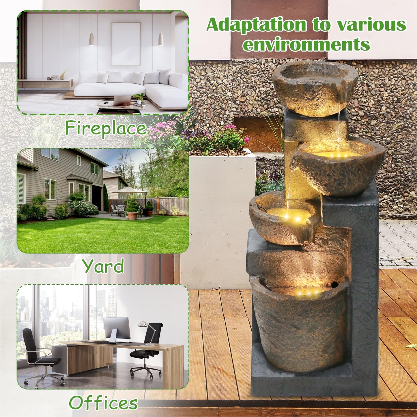 Goldshire 4-Tiers Cascading Bowls Outdoor Water Fountain with LED Light, Standing Cascading Water Feature, Faux Stacked Stones Waterfalls Fountains Decor for Garden Patio Yard and Lawn (Beige)