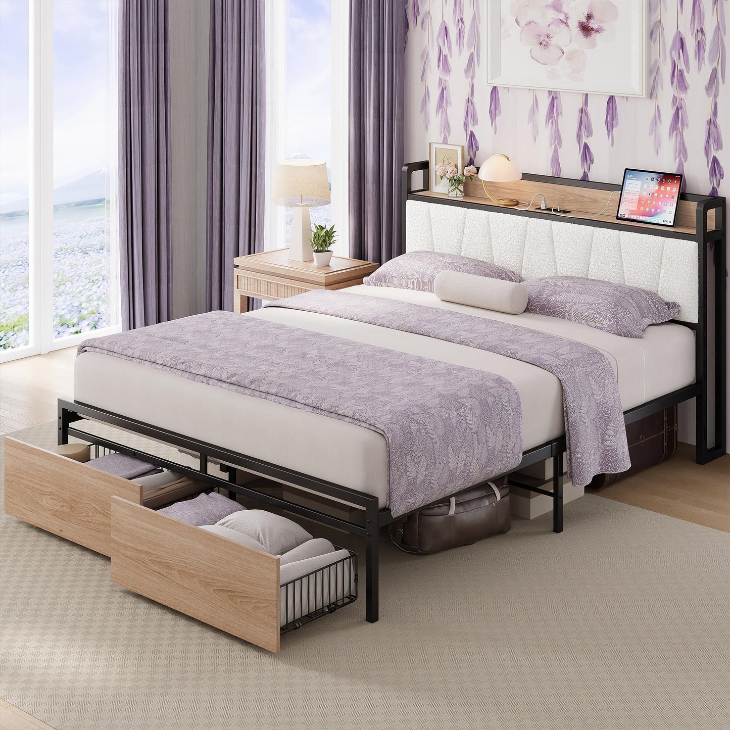 LIKIMIO Queen Size Bed Frame, Storage Headboard with Charging Station, Platform Bed with Drawers, No Box Spring Needed, Easy Assembly, Wood and Cream