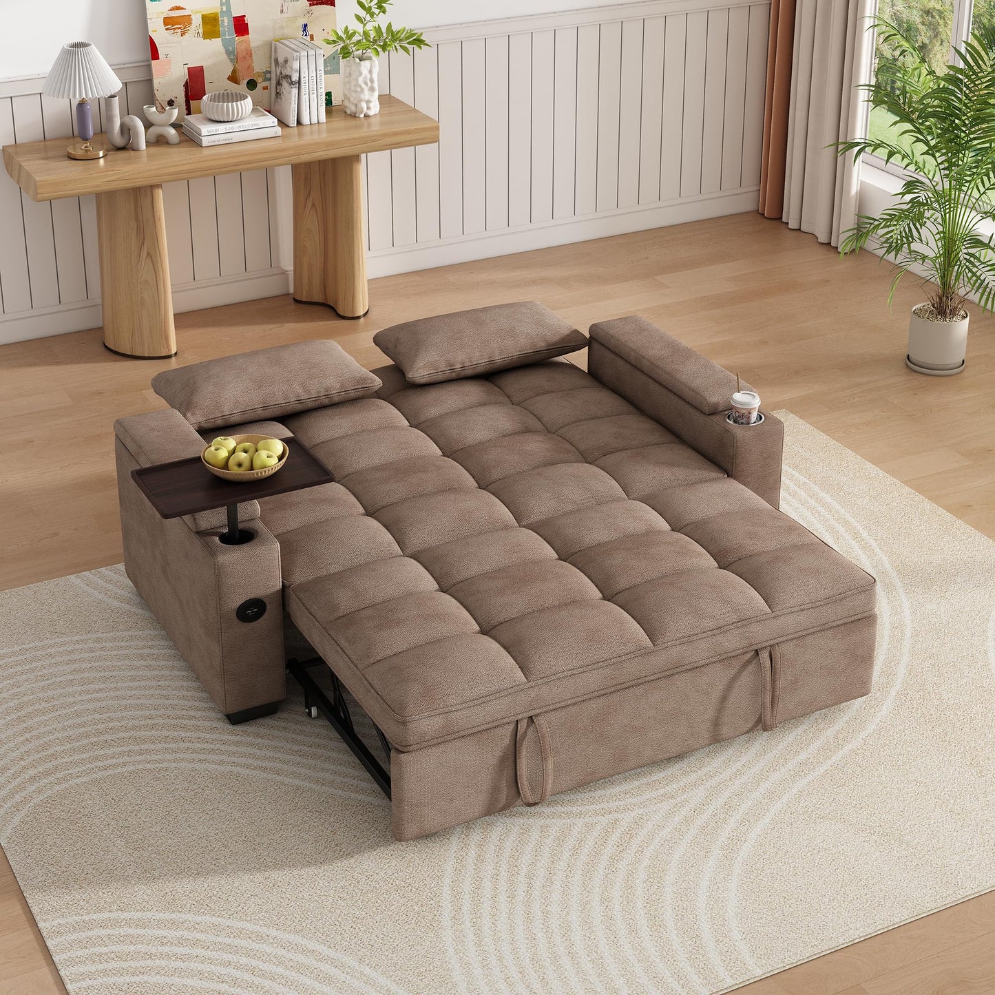 KEIKI 65" 3-in-1 Convertible Sofa Bed, Compact Sleeper Couch with Pull-Out Design, Rotating Side Table, USB Charging Ports & Storage Armrests for Guest Room & Small Spaces