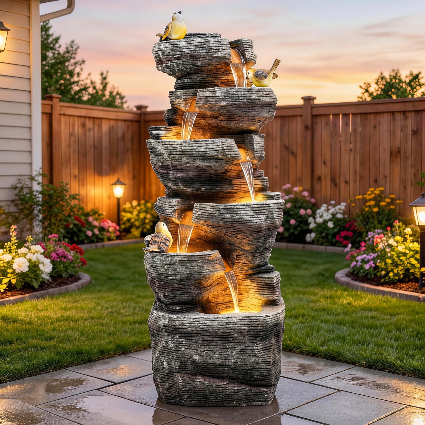 Ultym 40" H Extra-Large Rock Outdoor Water Fountain with LED Lights, 6-Tier Cascading Stone Waterfall with Birds for Garden Patio Porch, Weather-Resistant Polyresin Water Feature for Tranquil Oasis