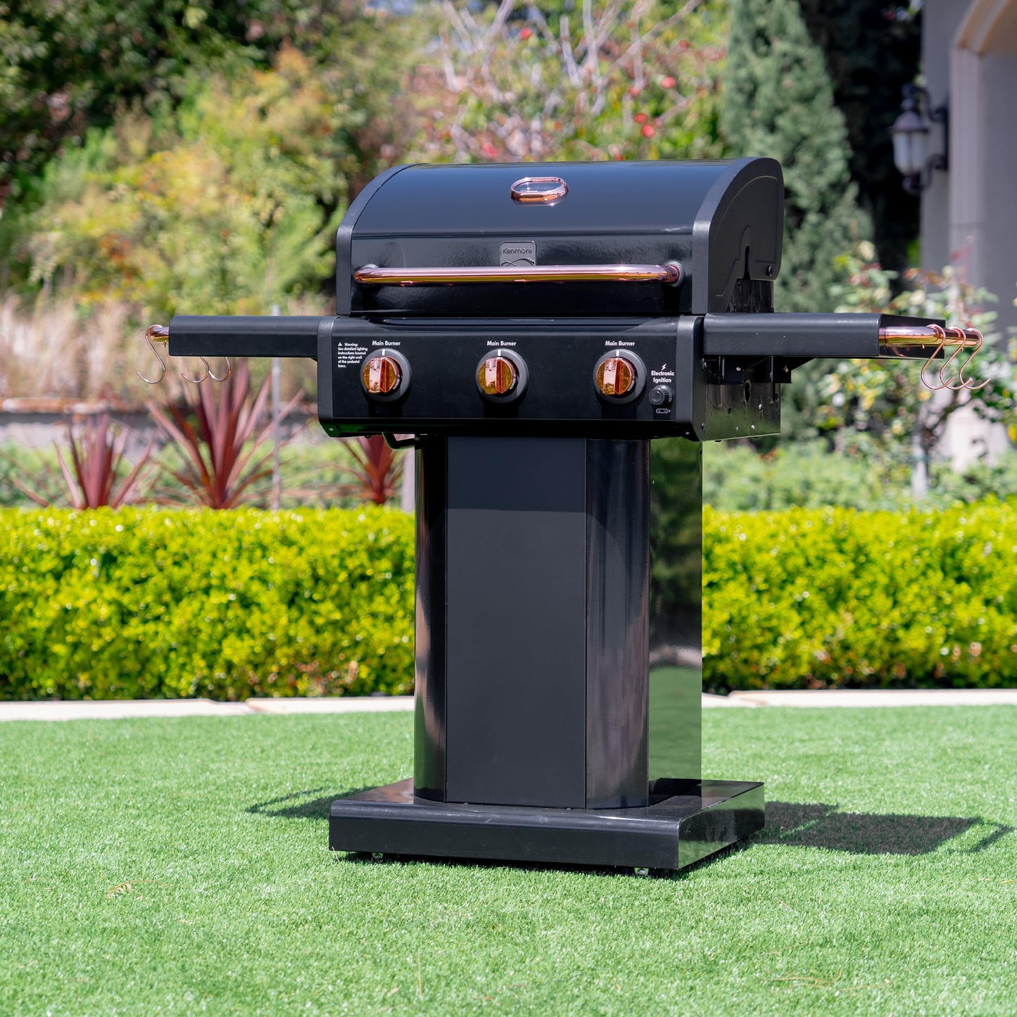 Kenmore 3-Burner Gas Grill | Foldable Side Tables, Cast Iron Cooking Grates, Warming Rack, Hooks for BBQ Grilling Tools, Propane Gas Barbecue Grill, 30,000 BTUs, Black with Copper Accent
