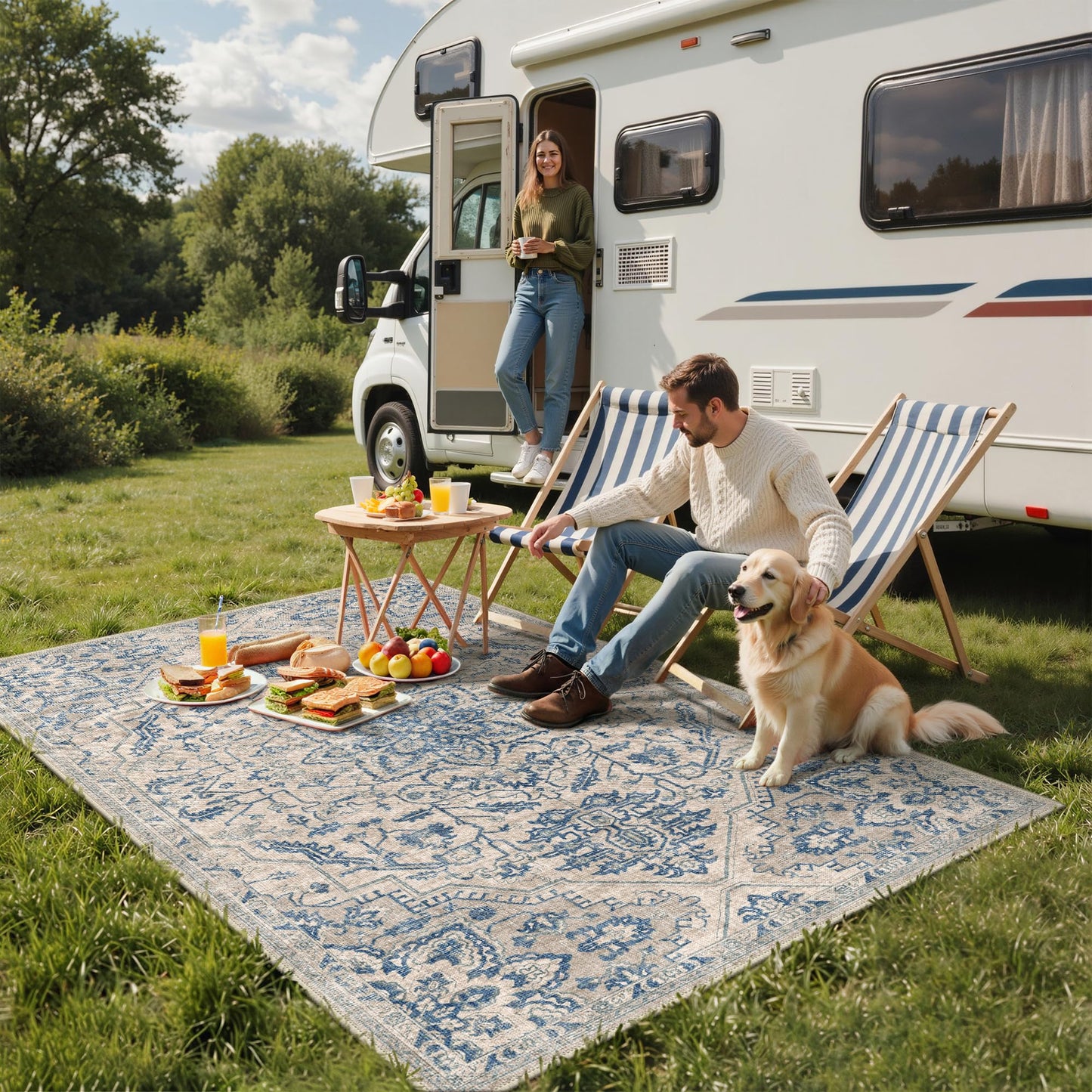GENIMO Outdoor & Indoor Area Rug 5'x8', Waterproof, Non-Shedding, Easy Cleaning, Boho Front Door Mat for Patio, Entryway, Porch, Living Room, Bedroom, Bathroom, Outside Carpet Beige Blue
