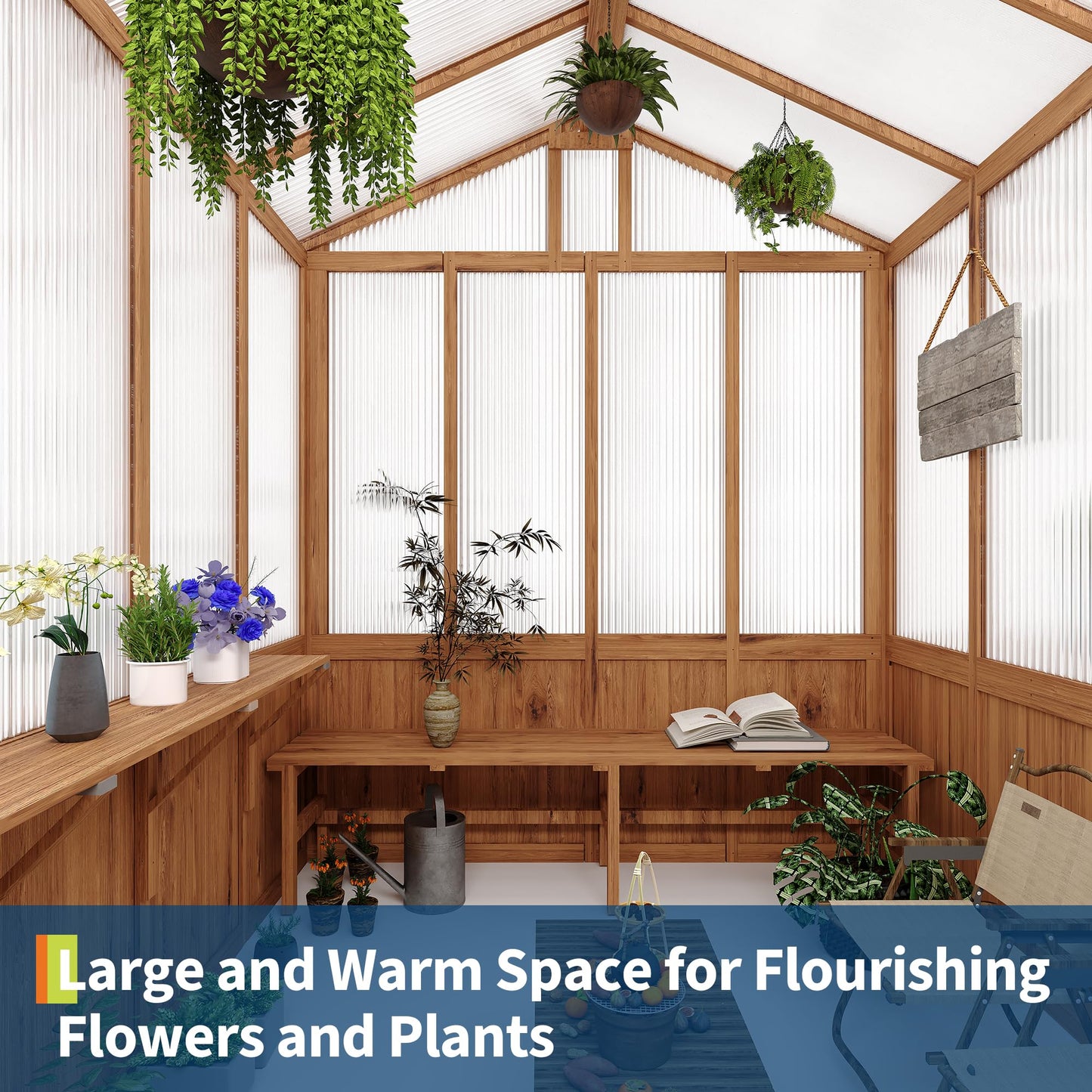 8x13FT Wooden Greenhouse with Pergola – Cedar Frame, Roof Vent & Polycarbonate Walk-in Greenhouse for Outdoor